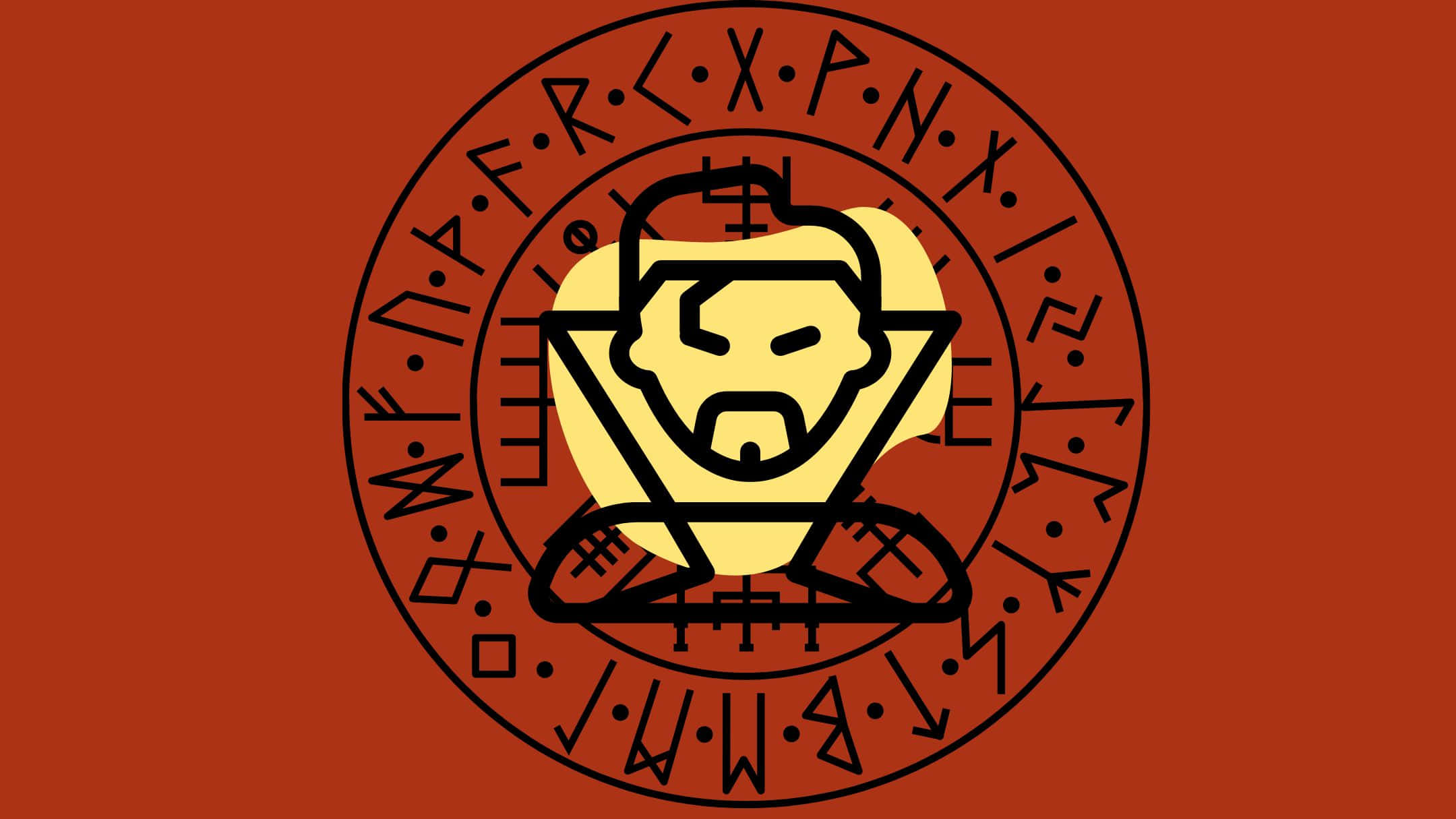 Best Marvel 桌布 壁紙 — 一個風格化的黃色臉孔，帶有鬍鬚和帽子，位於一個充滿古老符號的黑色圓形邊框內，背景為純紅色。