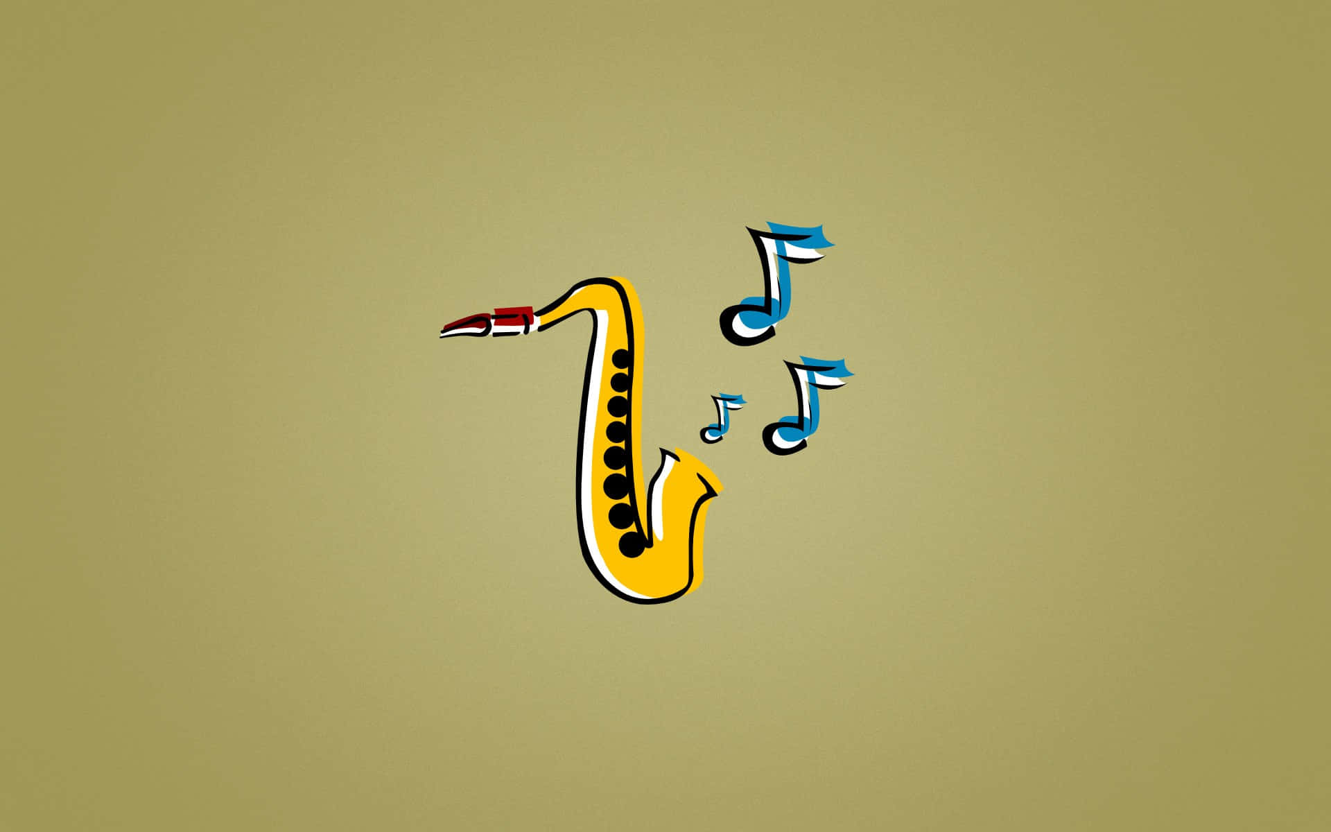 Cartoon Music 桌布 壁紙 — 一個風格化的黃色薩克斯風，藍色音符從其喇叭口飄出，背景為柔和的橄欖綠色。