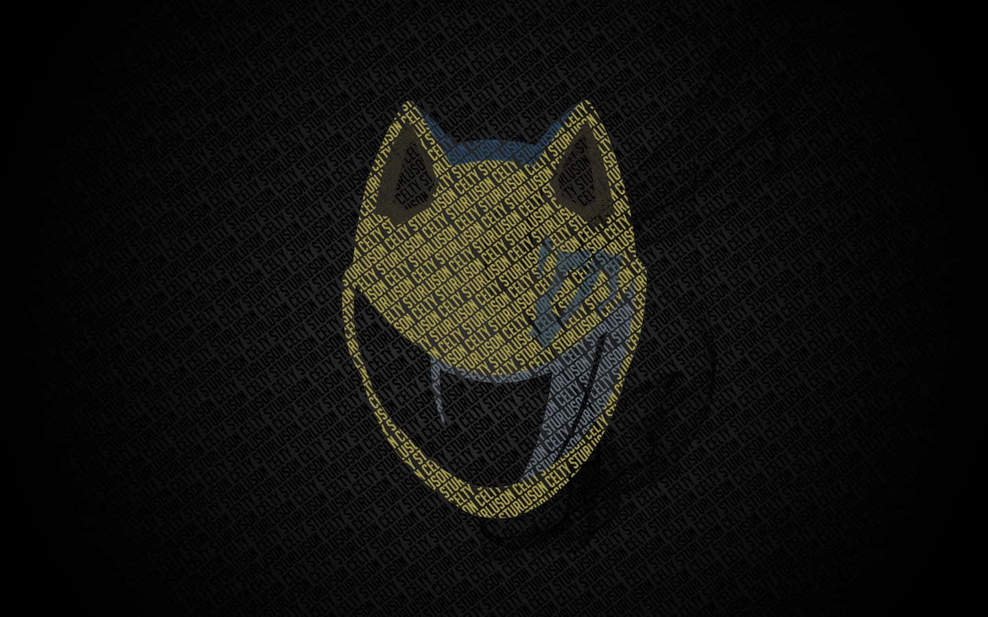 Celty Sturluson 桌布 壁紙 — 一個風格化的黃色貓臉，帶有尖銳的牙齒和藍色點綴，由重複的文字在深色紋理背景上形成。