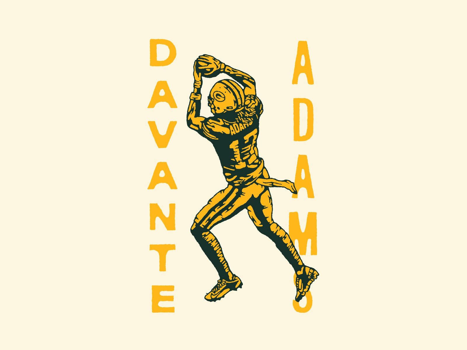 Davante Adams 桌布 壁紙 — 一個風格化的黃色足球員在半空中接球，'DAVANTE ADAMO' 垂直排列在他旁邊。