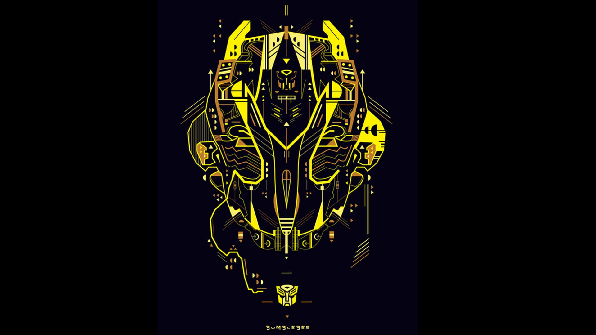 變形金剛 桌布 壁紙 — 一個風格化的黃黑變形金剛頭部，帶有複雜的幾何圖案，在黑暗背景中發光。