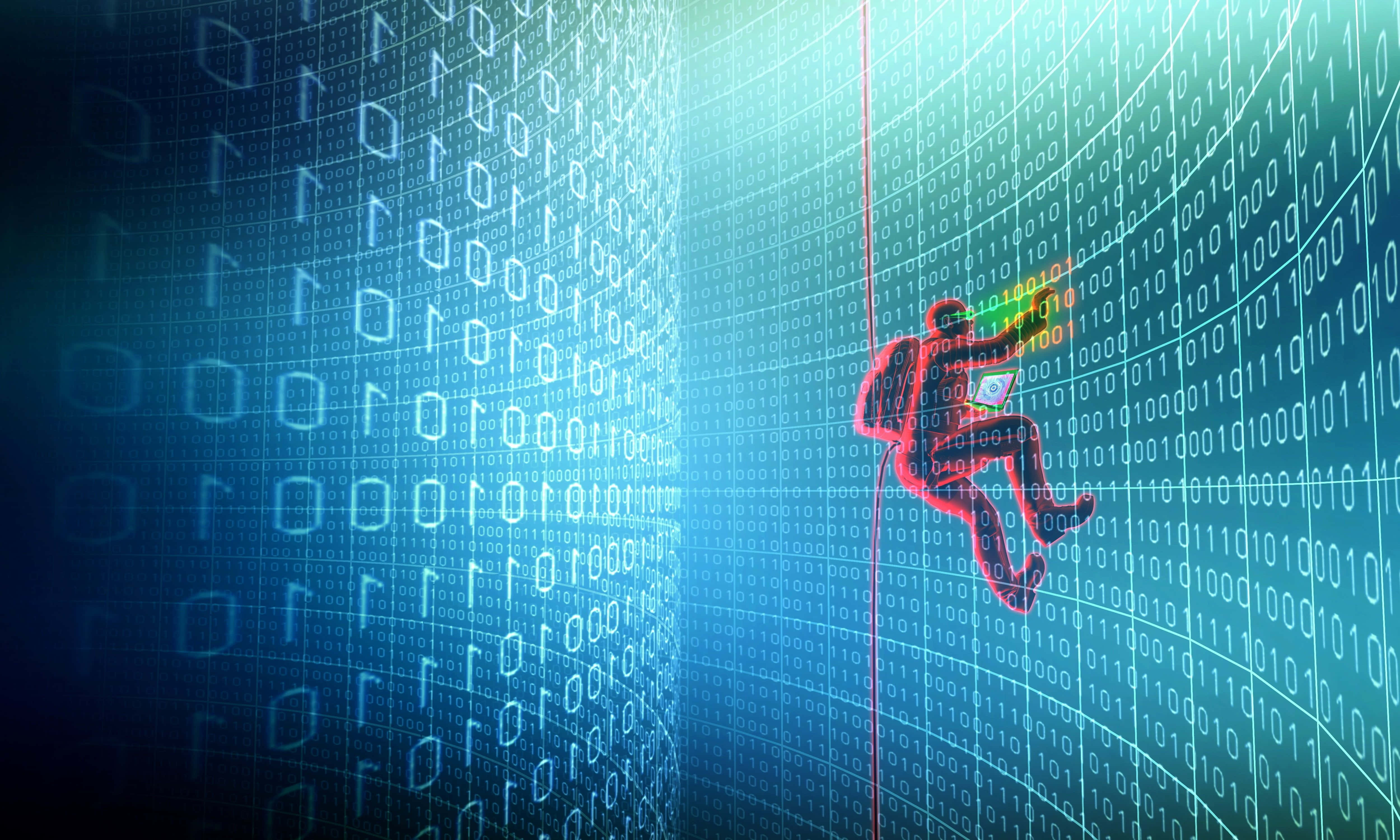 Numbers 桌布 壁紙 — 一個風格化的黑客人物在藍光下攀爬覆蓋著二進制代碼的發光數位牆。
