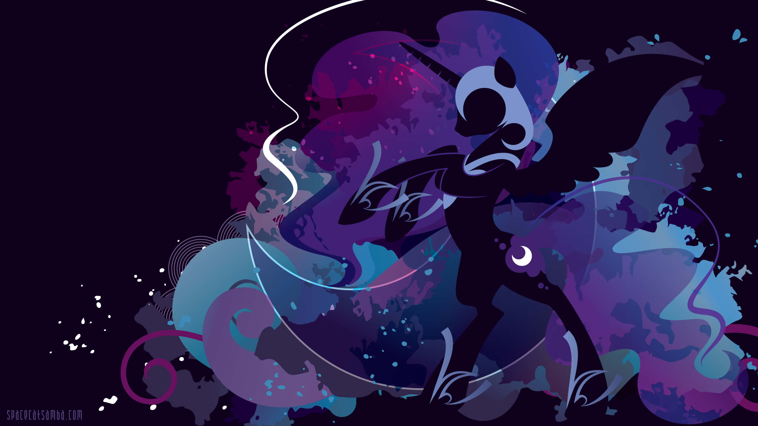 Nightmare Moon 桌布 壁紙 — 一個風格化的黑暗剪影，描繪一個帶有新月吊墜的有翼人物，背景是旋轉的紫色和藍色抽象圖案。