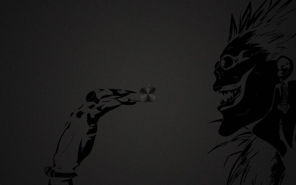 Ryuk 桌布 壁紙 — 一個風格化的黑暗剪影，描繪一個惡魔般的人物，有尖刺頭髮和骷髏臉，正伸手去拿一個由人類手掌著的蘋果，背景為灰色。