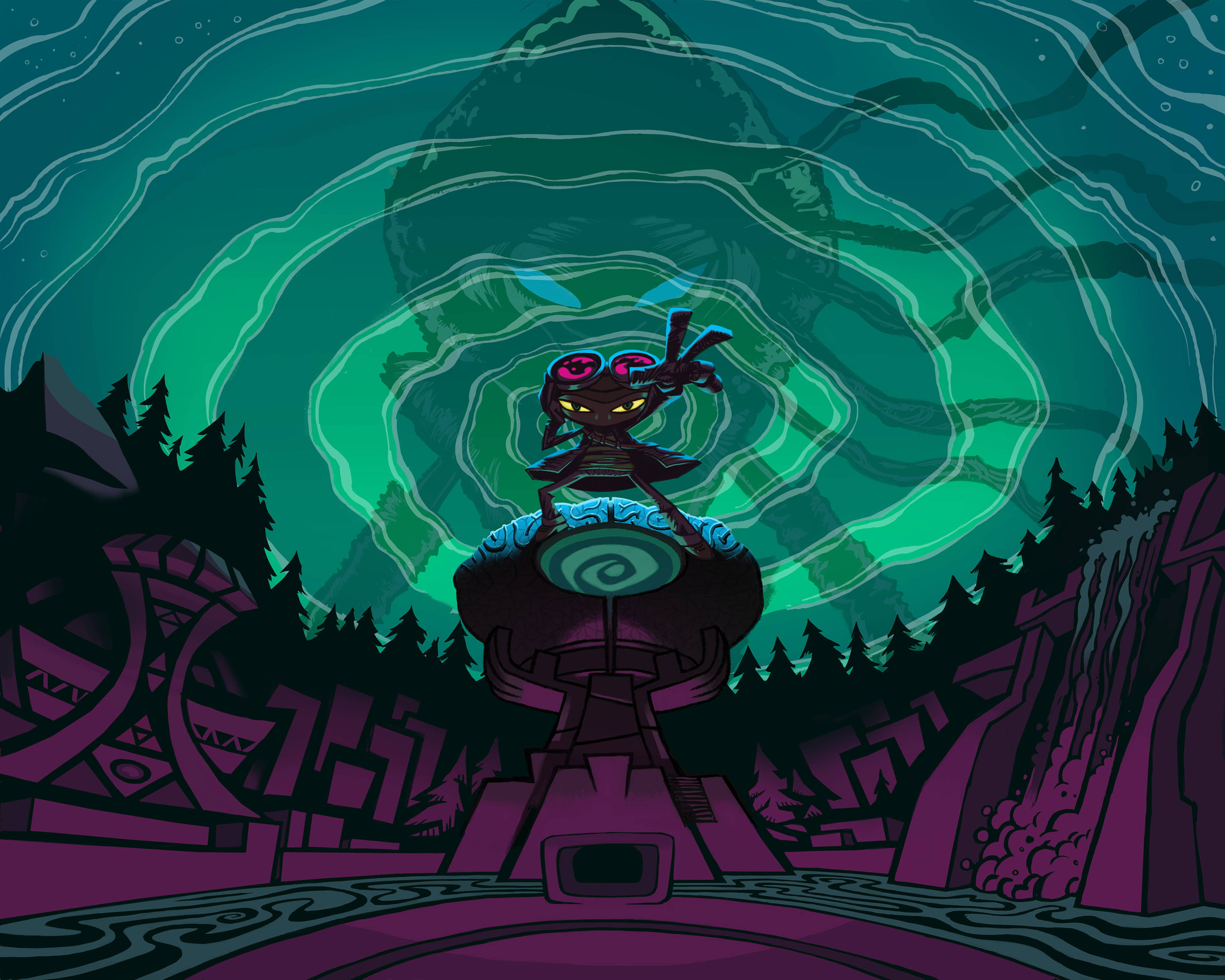 Psychonauts 桌布 壁紙 — 一個風格化的黑暗生物，眼睛發光，站在螺旋基座上，身處神秘森林，上方有旋轉的綠色極光。