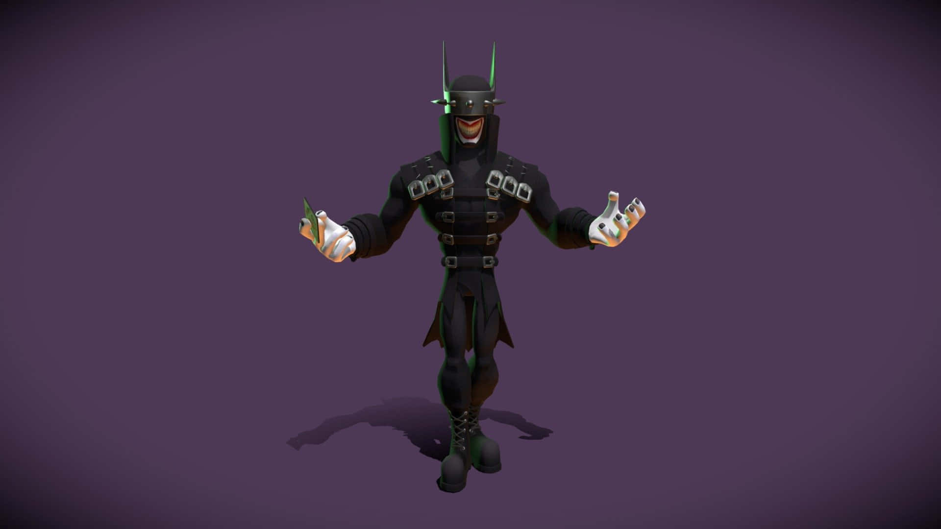 The Batman Who Laughs 桌布 壁紙 — 一個風格化的黑暗騎士，身穿黑色盔甲，帶有綠色發光點綴，站在純紫色背景前。