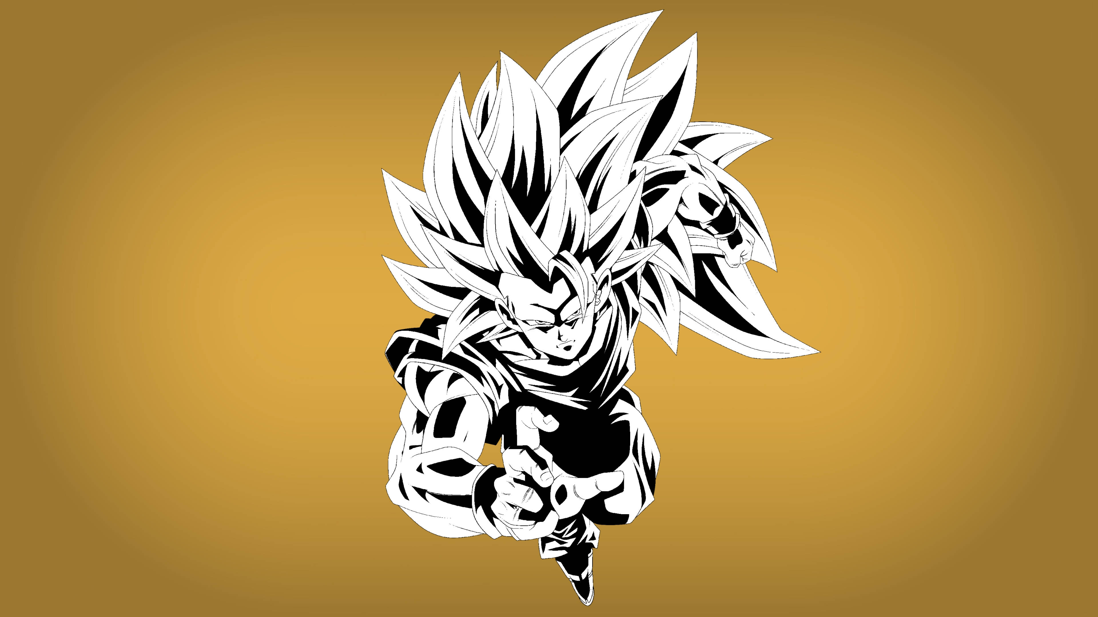 Goku Black And White 桌布 壁紙 — 一個風格化的黑白動漫戰士，有著尖刺頭髮和兇猛表情，站在金色漸變背景前。