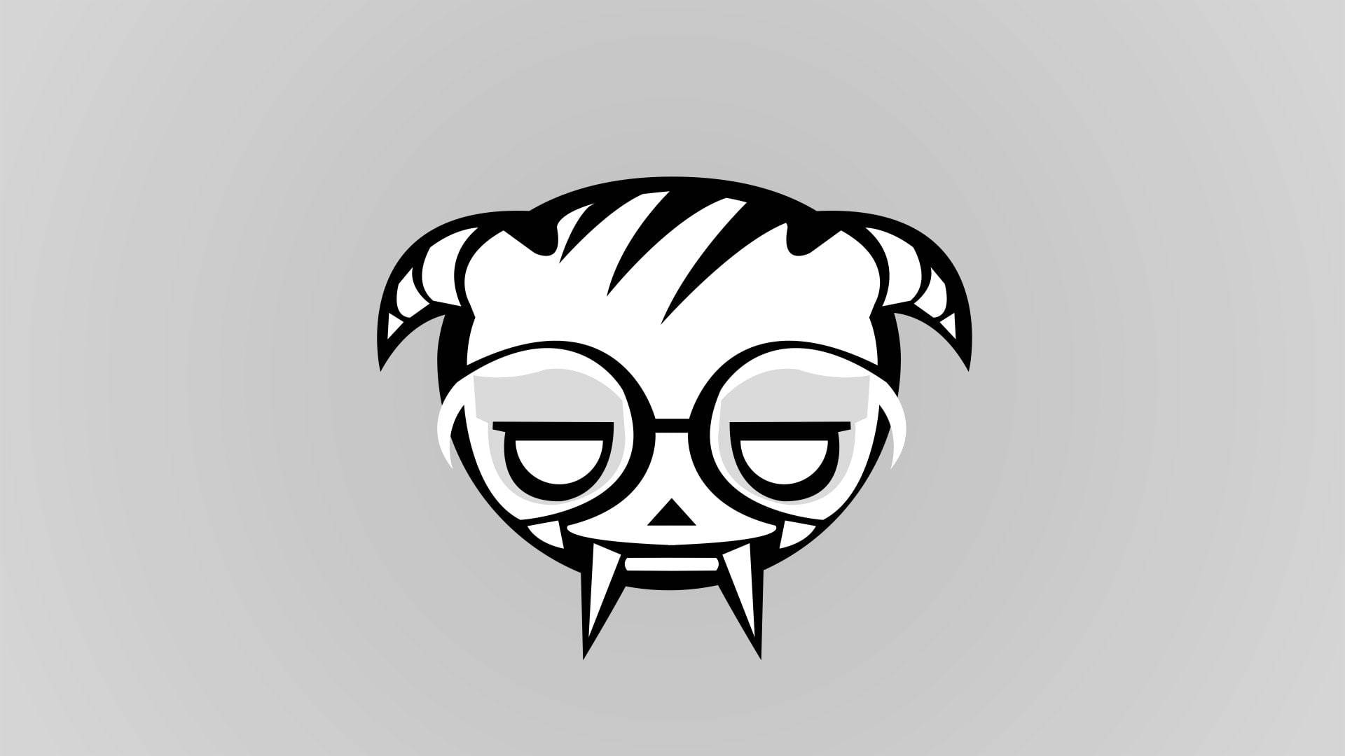 dokkaebi rainbow six siege 桌布 壁紙 — 一個風格化的黑白卡通吸血鬼臉，戴著眼鏡和尖牙，背景為灰色。