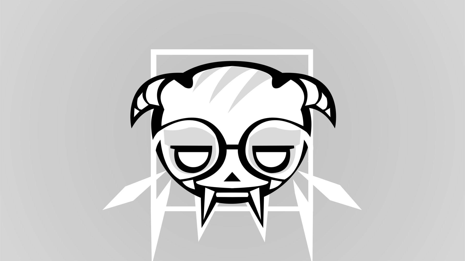 dokkaebi rainbow six siege 桌布 壁紙 — 一個風格化的黑白卡通吸血鬼面孔，戴著眼鏡和尖牙，由幾何形狀框在灰色背景上。
