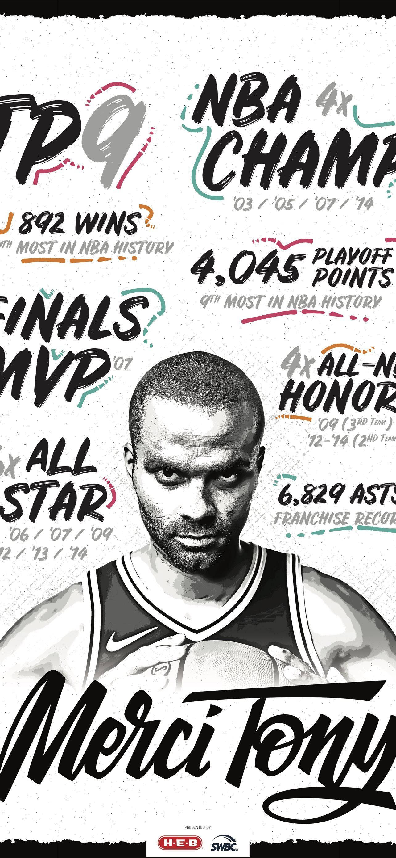Tony Parker 桌布 壁紙 — 一個風格化的黑白圖形，以粗體統計數據和「Merci Tony」文字慶祝籃球傳奇人物Tony Parker。