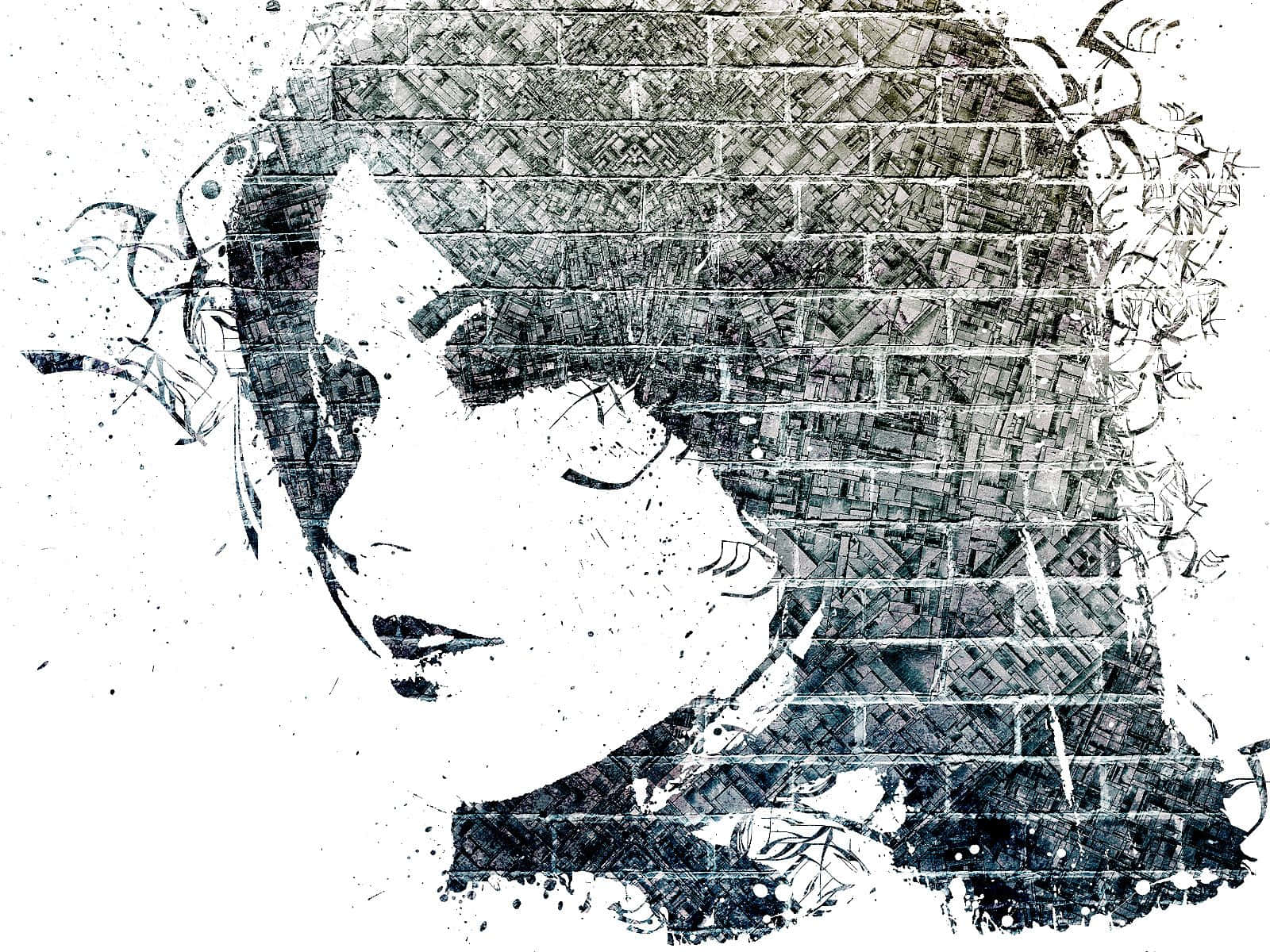 Black And White Graffiti 桌布 壁紙 — 一個風格化的黑白女性肖像，以紋理筆觸和潑濺效果呈現。
