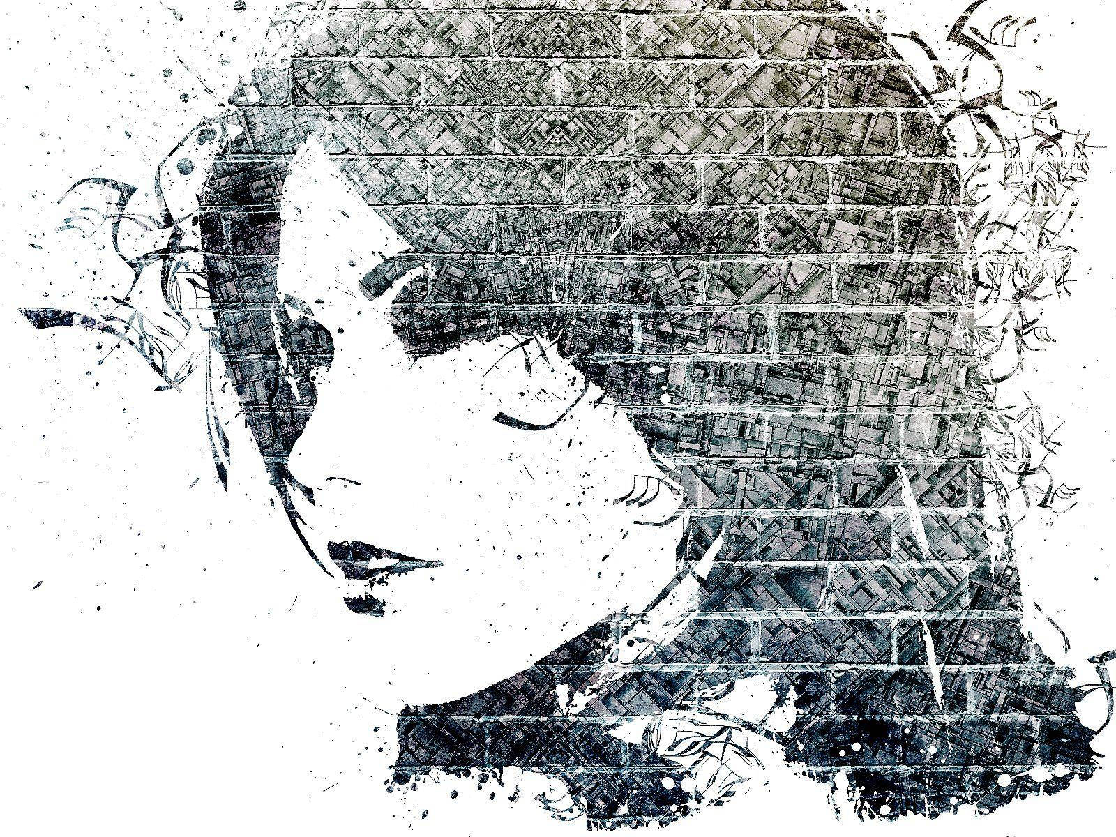 Brick Wall 桌布 壁紙 — 一個風格化的黑白女性面孔肖像，以複雜的磚狀圖案和潑墨效果呈現。