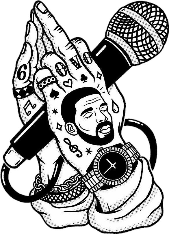 Drake 桌布 壁紙 — 一個風格化的黑白插圖，展示一隻有刺青的手拿著麥克風，手掌中有一張臉。