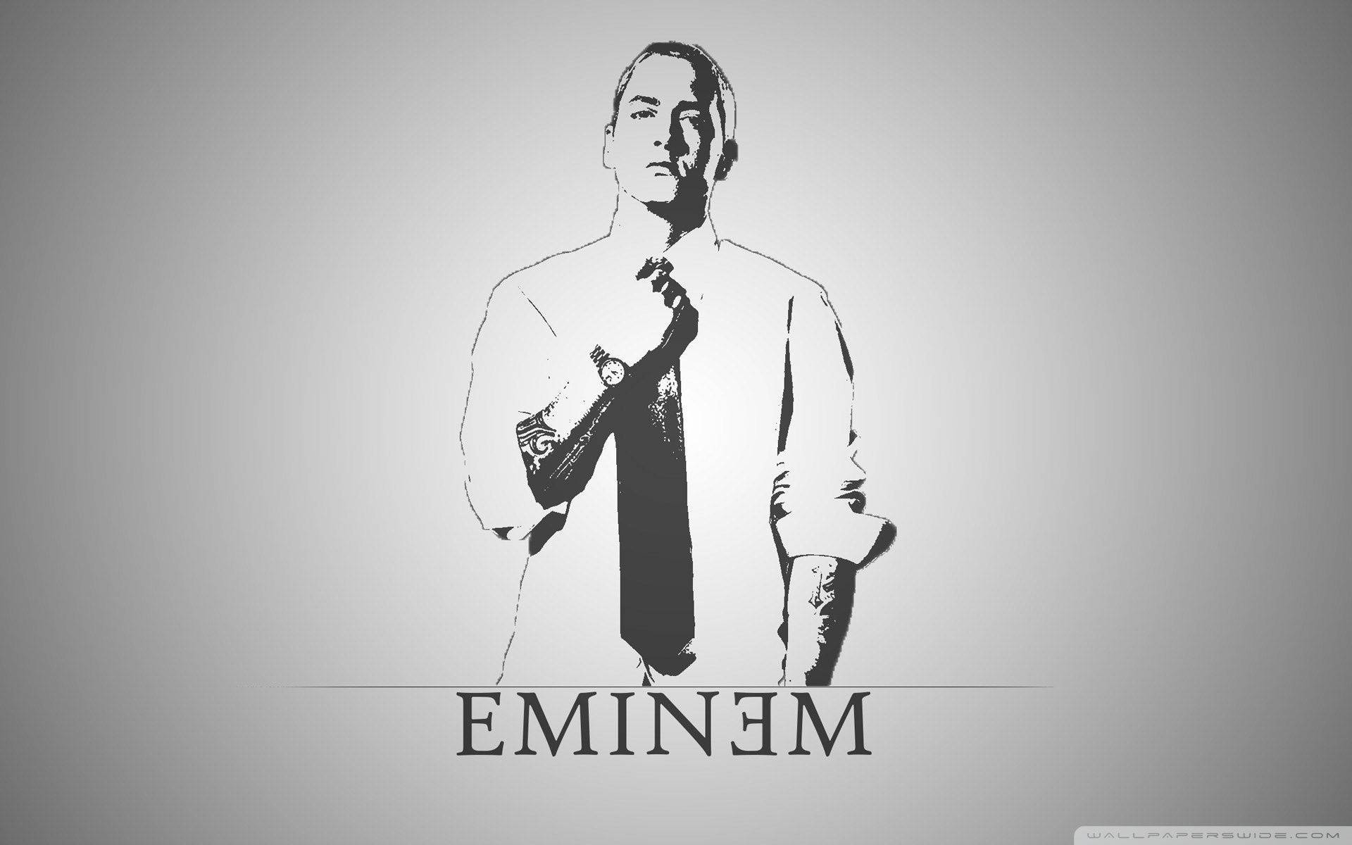 阿姆 桌布 壁紙 — 一個風格化的黑白插圖，描繪 Eminem 在灰色漸變背景前調整領帶。
