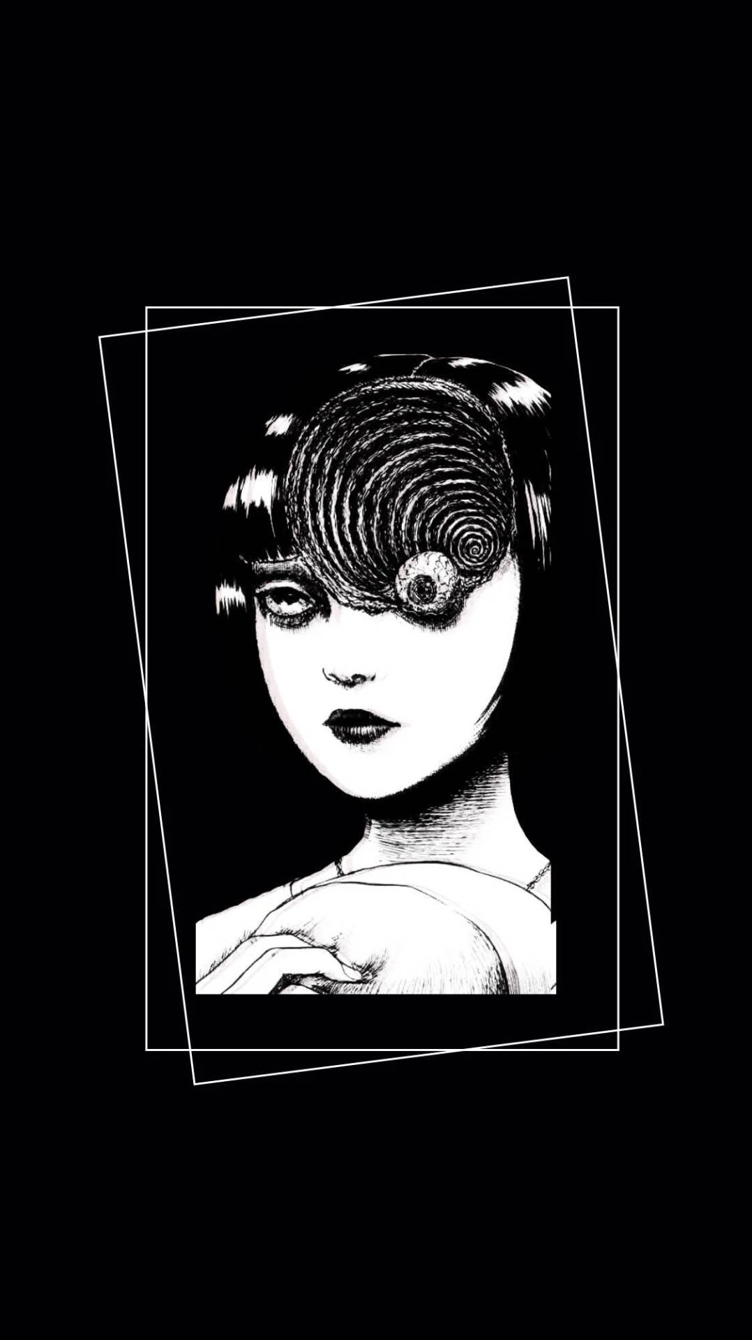 一位女性，其中一隻眼睛被螺旋狀漩渦取代，黑白插圖。 — 詭異的GIF 壁紙
