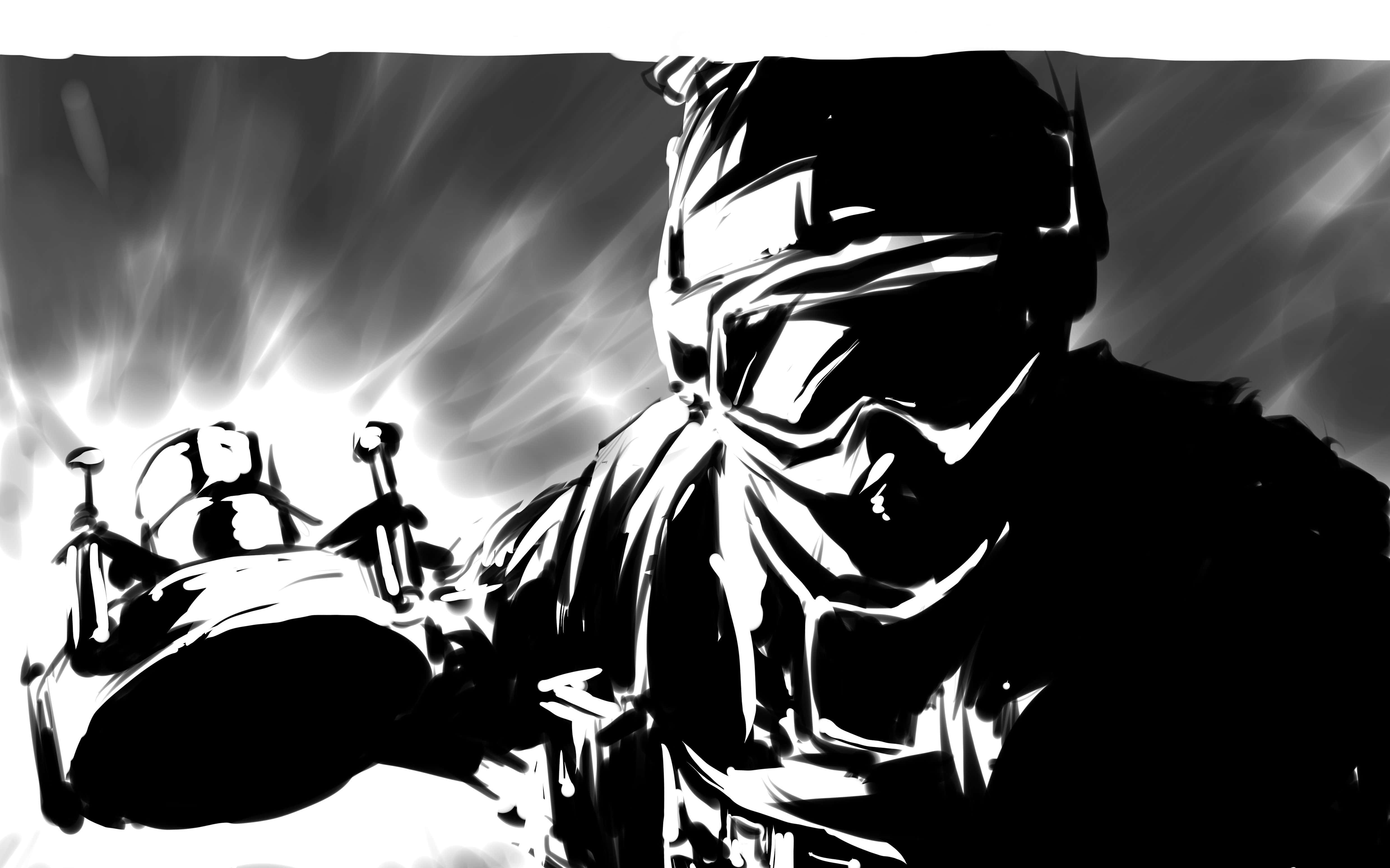 Rainbow Six Siege Fuze 桌布 壁紙 — 一個風格化的黑白插圖，描繪一位戴面具的戰士在光芒四射的背景前手持兩把劍。