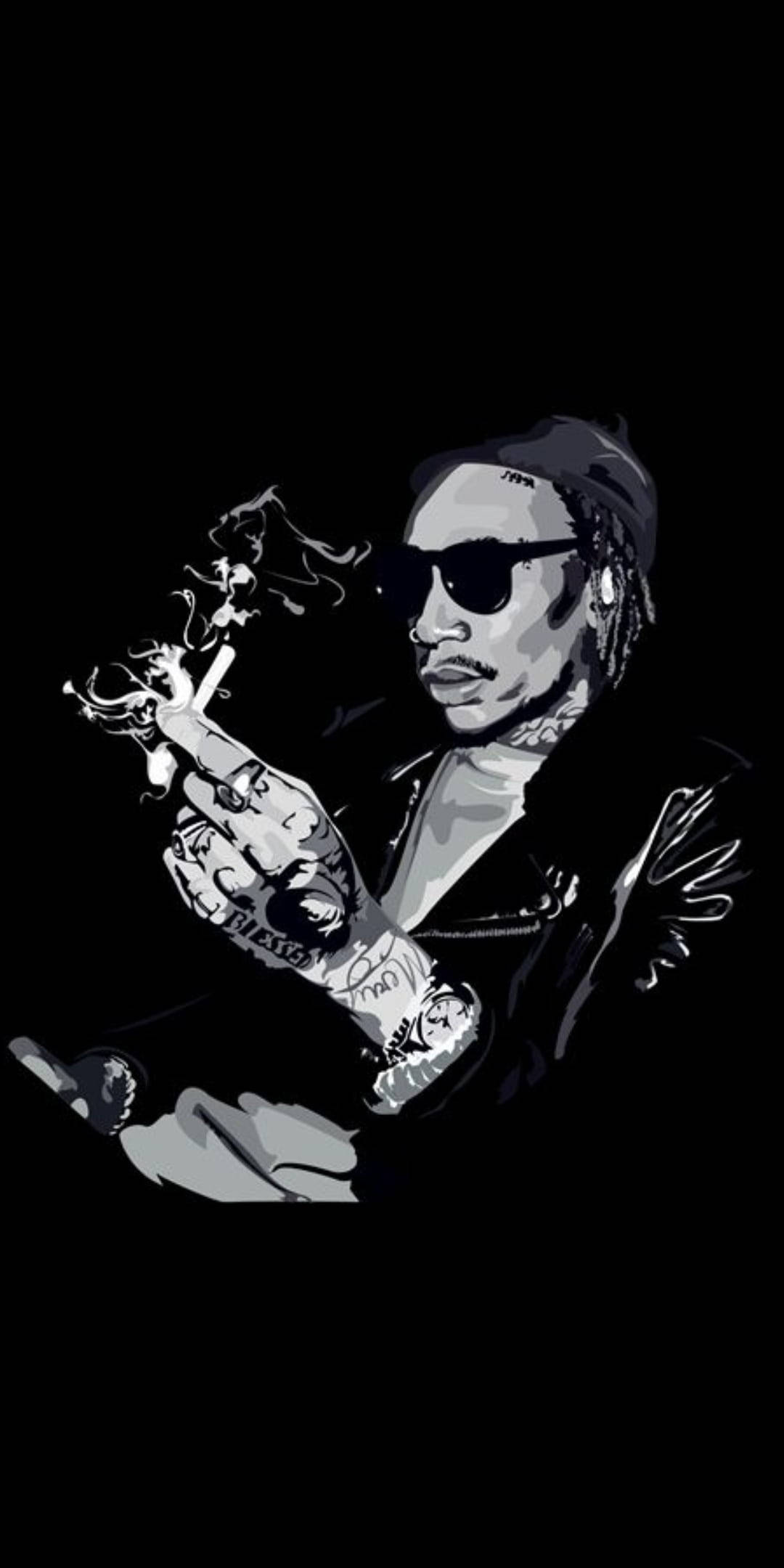 wiz khalifa 桌布 壁紙 — 一個風格化的黑白插圖，描繪一位戴著太陽眼鏡的刺青男子，在深色背景前手持冒煙的香菸。