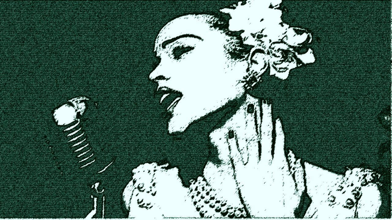Billie Holiday 桌布 壁紙 — 一個風格化的黑白插圖，描繪一位戴著花卉頭飾的女性對著復古麥克風唱歌。