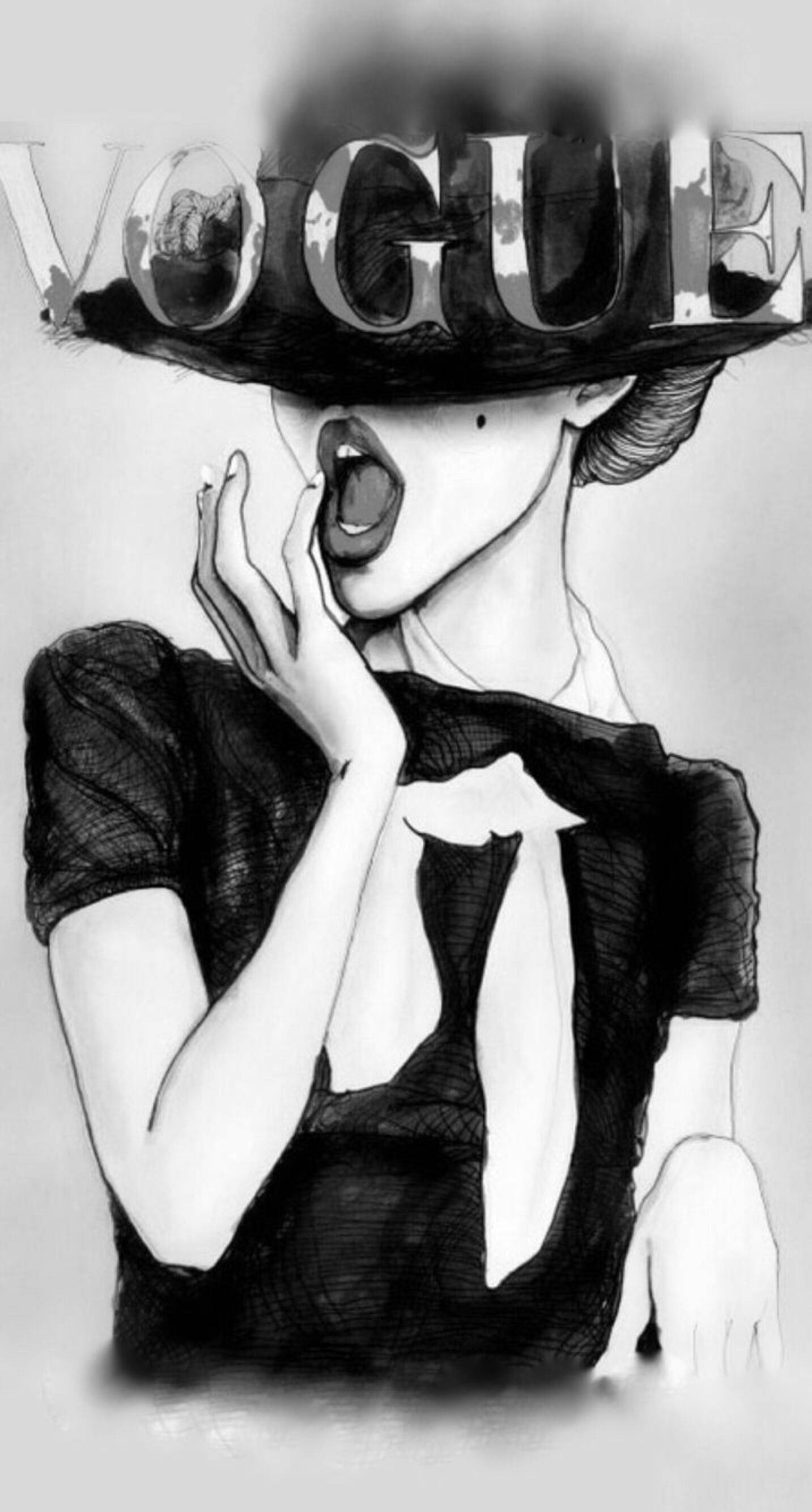 時尚 桌布 壁紙 — 一個風格化的黑白插圖，描繪一位戴著Vogue品牌帽子、妝容誇張的女性，手靠近嘴巴。