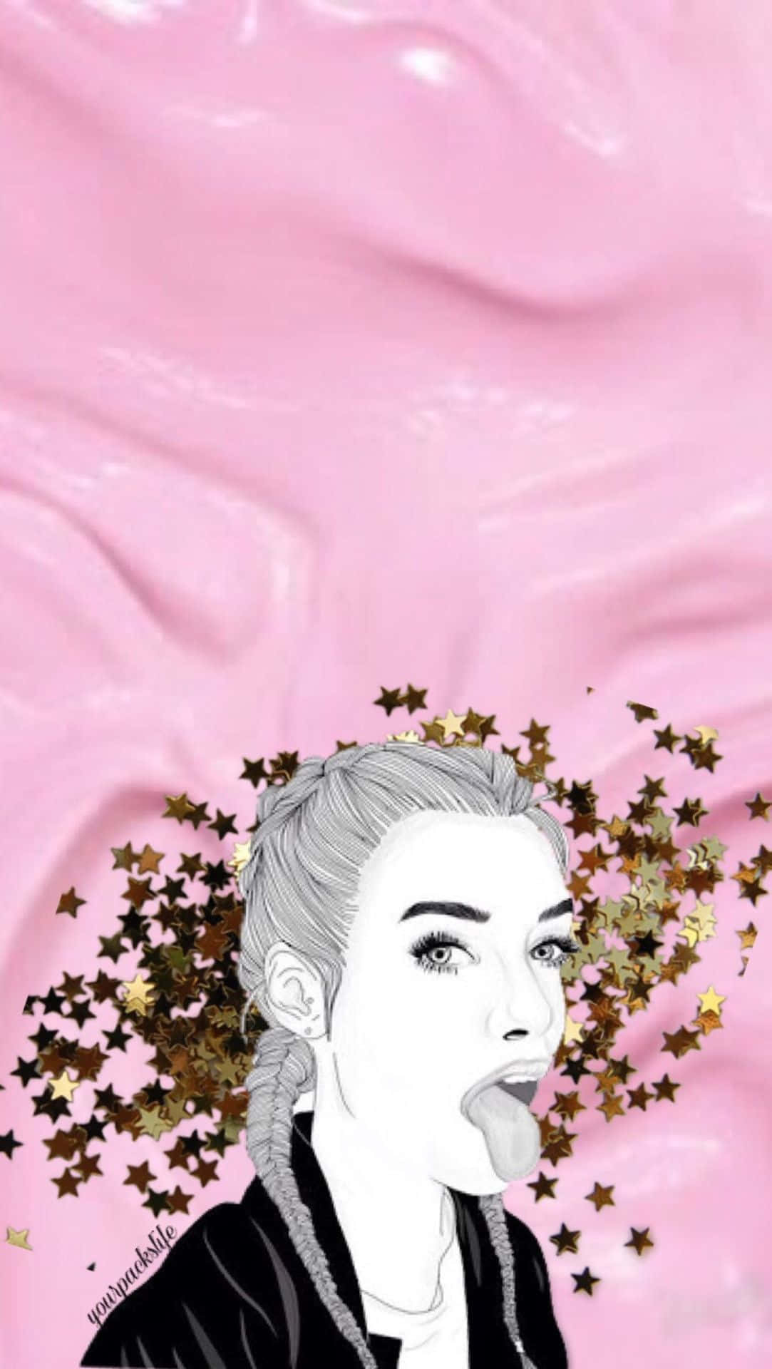 桌布 壁紙 — 一個風格化的黑白插圖，描繪一位編辮子的女人在帶有金色星星的亮粉色背景上伸出舌頭。