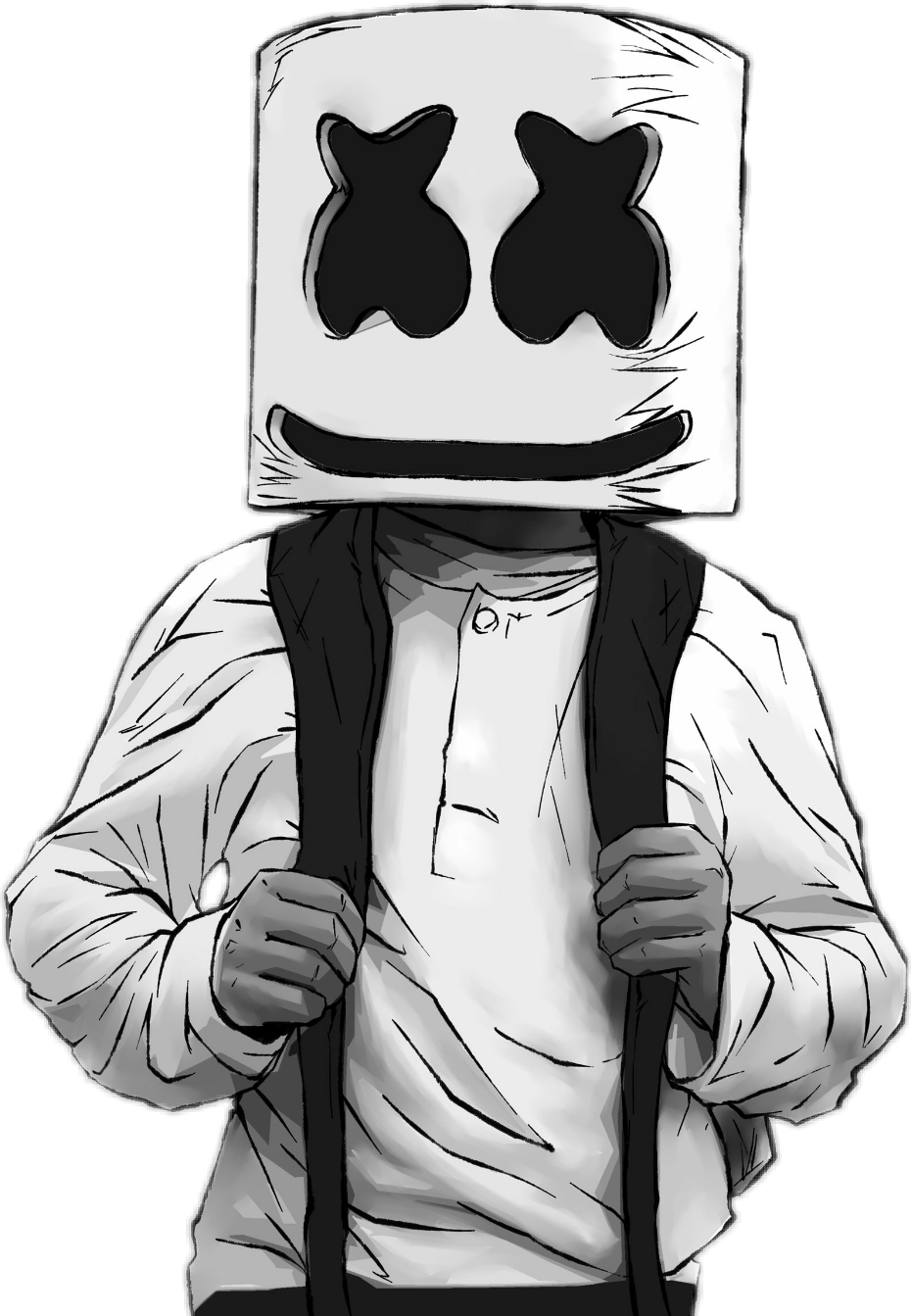 Marshmello 動態圖 桌布 壁紙 — 一個風格化的黑白插圖，描繪一個人戴著方形棉花糖面具，有X形眼睛和微笑，同時握著背包帶。