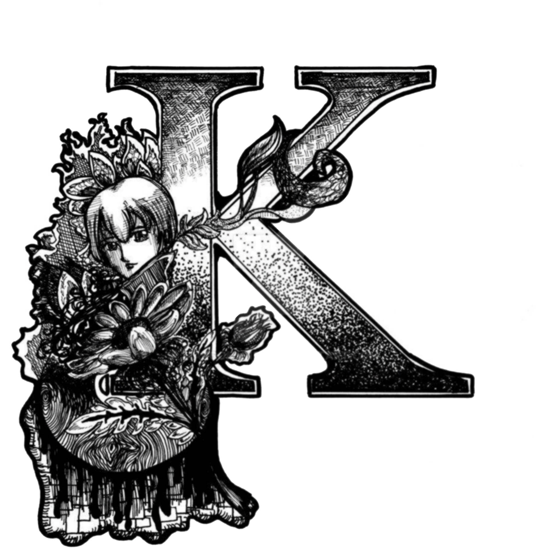 女孩從裝飾性字母K中浮現，帶有花卉藤蔓和複雜圖案。 — 字母K動圖 壁紙