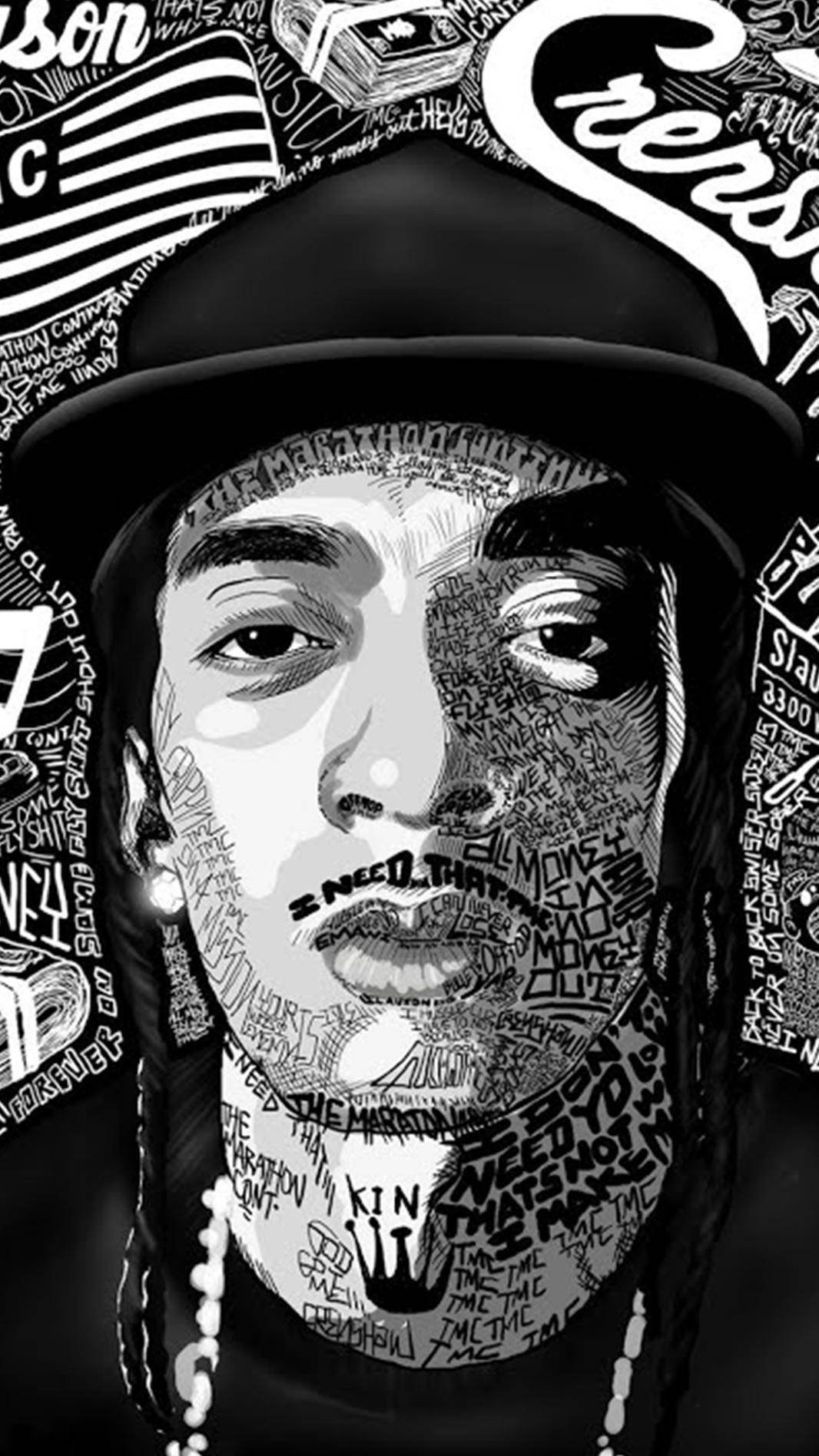Nipsey Hussle 桌布 壁紙 — 一個風格化的黑白插圖，描繪一個戴帽子的男人，臉上佈滿文字，周圍有塗鴉元素。