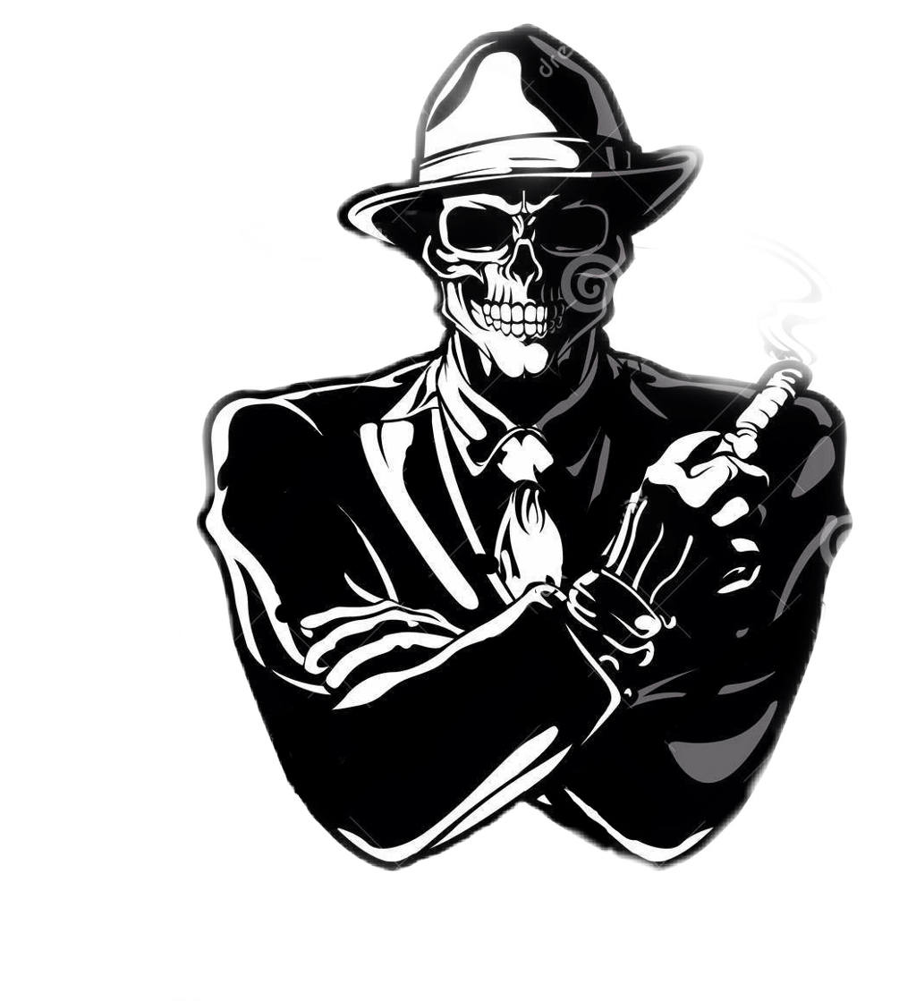 Gangster Skeleton 桌布 壁紙 — 一個風格化的黑白插圖，描繪一個戴著軟呢帽和西裝的微笑骷髏，手持冒煙的雪茄。