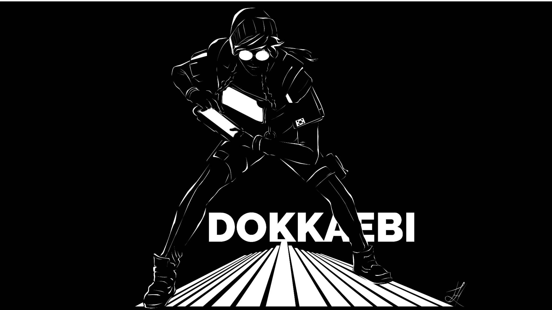 dokkaebi rainbow six siege 桌布 壁紙 — 一個風格化的黑白插圖，描繪一個戴面具的人物在條紋平台上以動態姿勢手持發光武器。