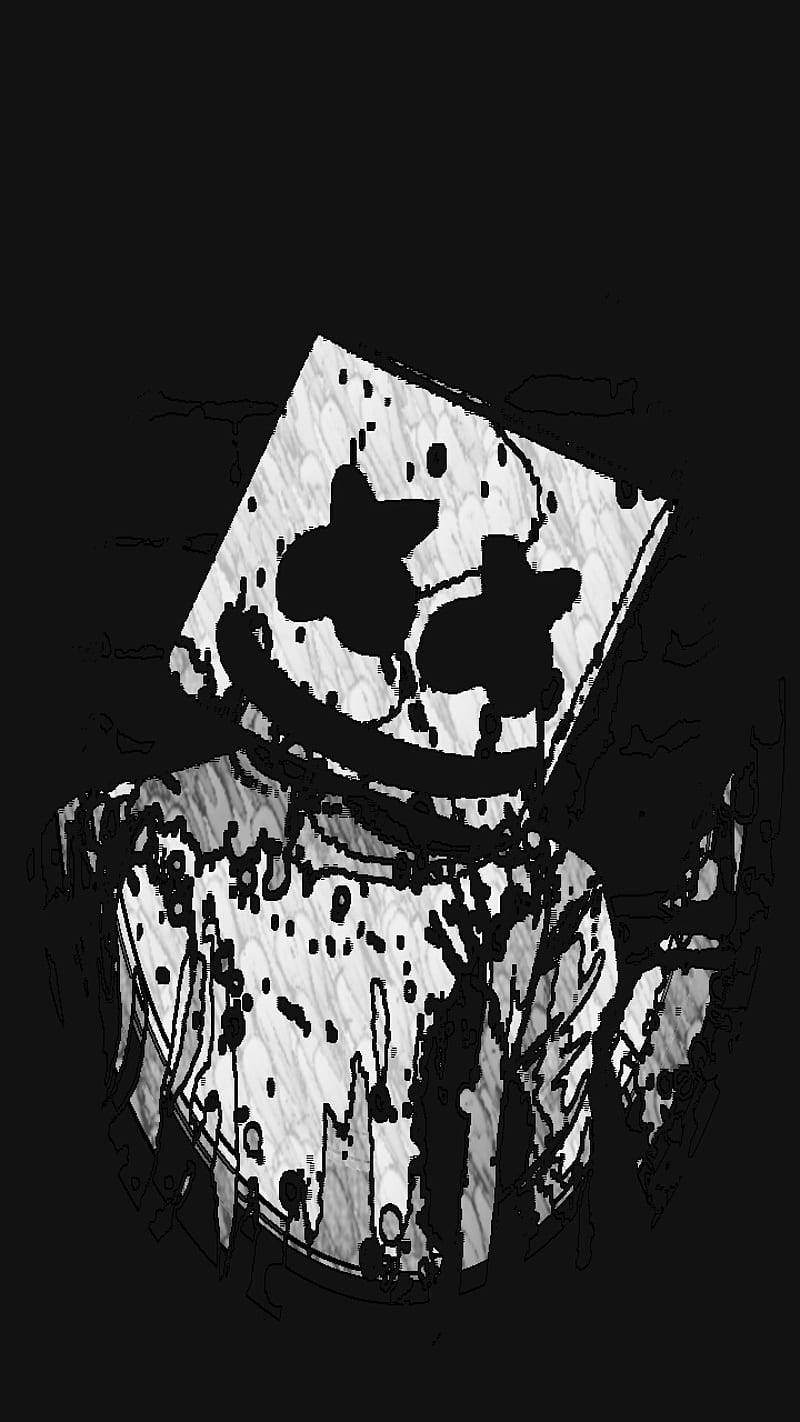 一個戴著方形頭盔和星形眼睛的黑白插圖人物。