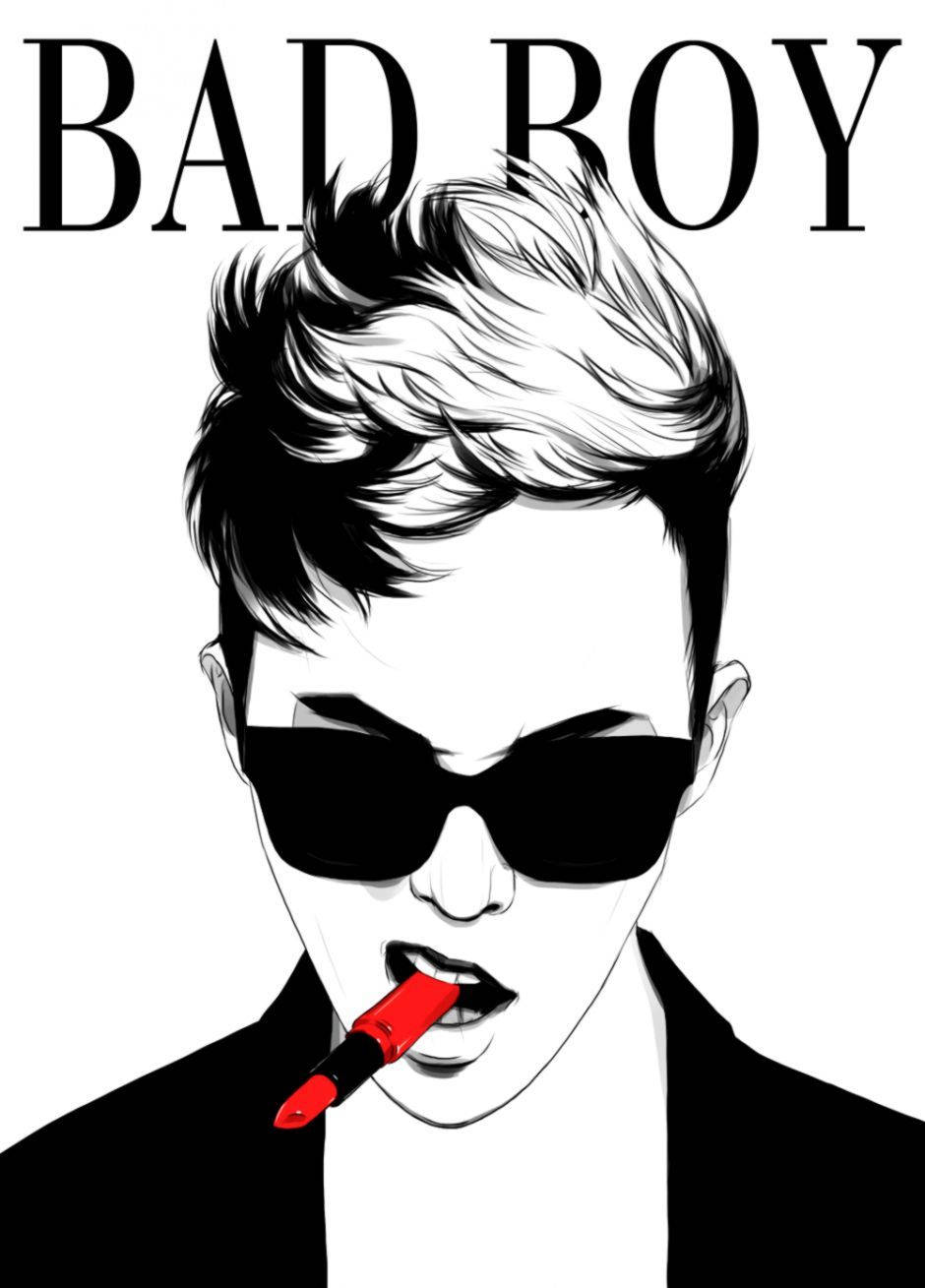 bad 桌布 壁紙 — 一個風格化的黑白插圖，描繪一個戴太陽眼鏡的壞男孩在純白背景上咬著紅色唇膏。