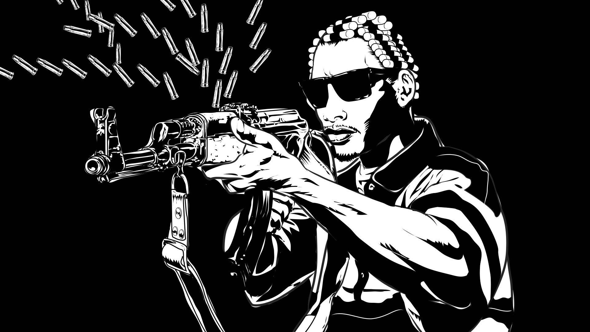 Shooting 桌布 壁紙 — 一個風格化的黑白插圖，描繪一個梳著玉米辮的男人在黑暗背景下發射機槍，子彈從槍口爆炸出來。
