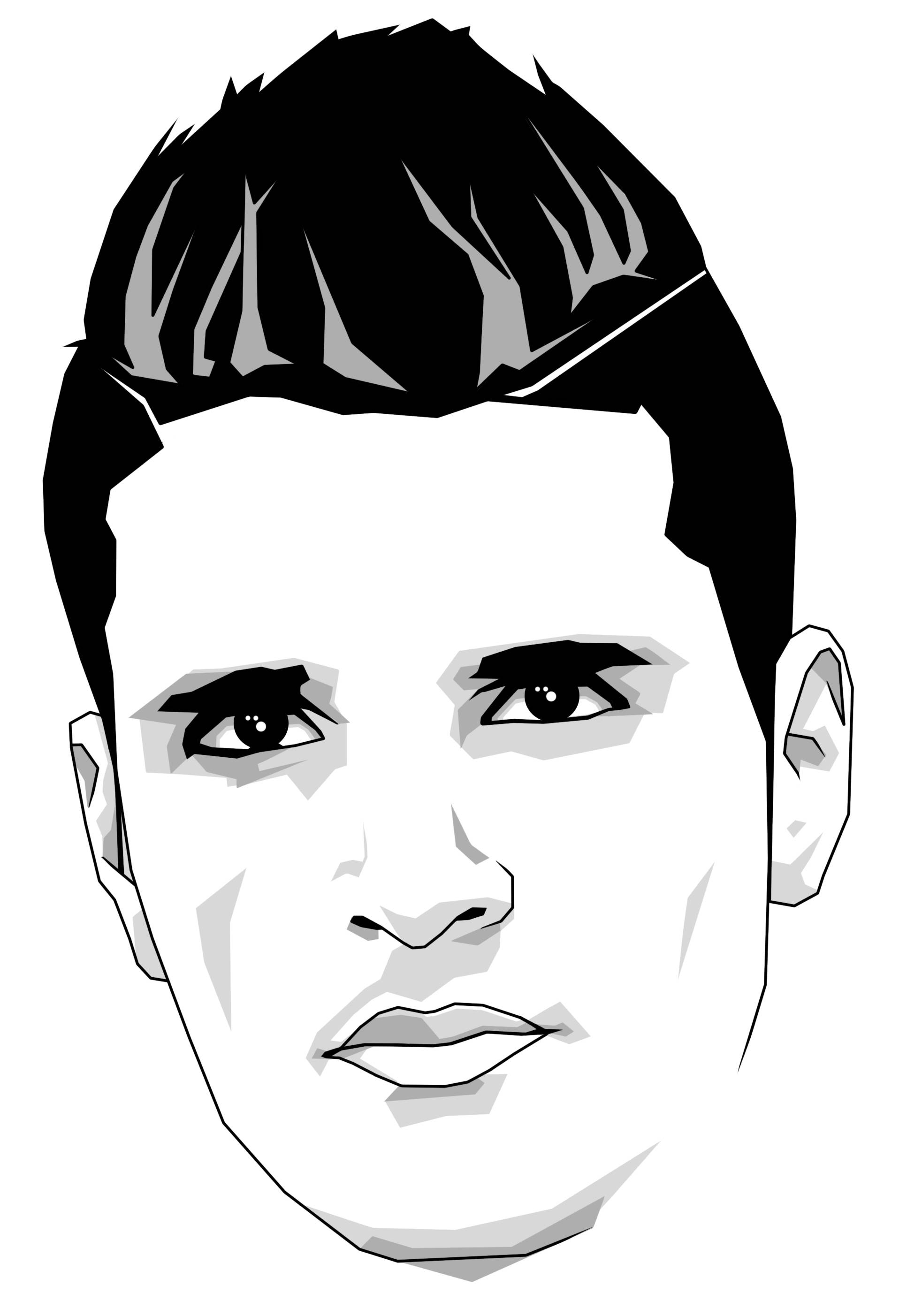 erik lamela 桌布 壁紙 — 一個風格化的黑白插圖，描繪一個男人的臉，帶有銳利的幾何陰影和強烈的目光。