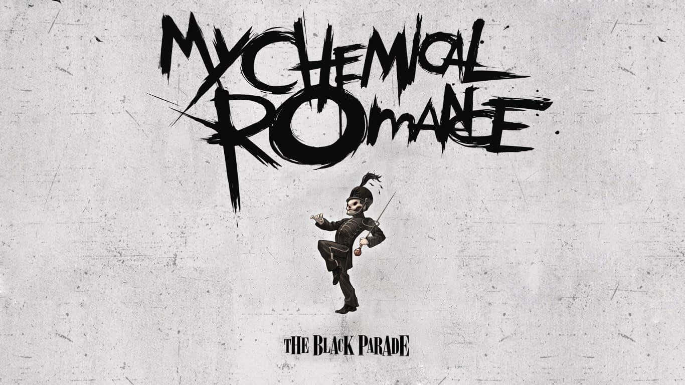 my chemical romance 桌布 壁紙 — 一個風格化的黑白插圖，描繪一名行進中的士兵，下方有粗體塗鴉風格的樂隊名稱文字。