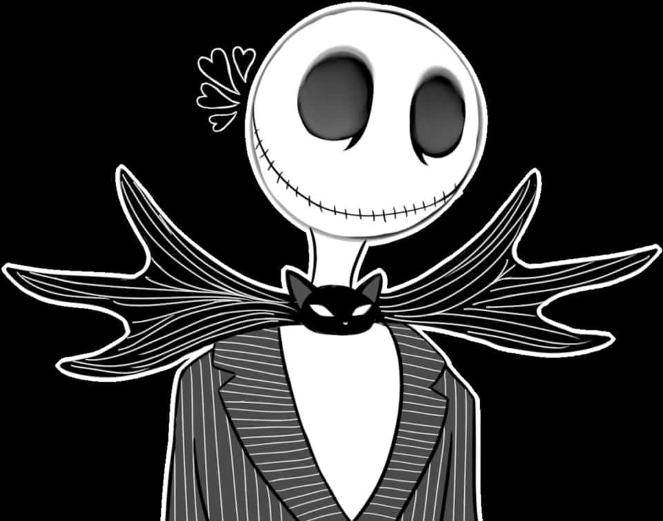 Jack Skellington Face 桌布 壁紙 — 一個風格化的黑白插圖，描繪傑克·史克林頓穿著細條紋西裝和貓形領結，背景為純黑色。