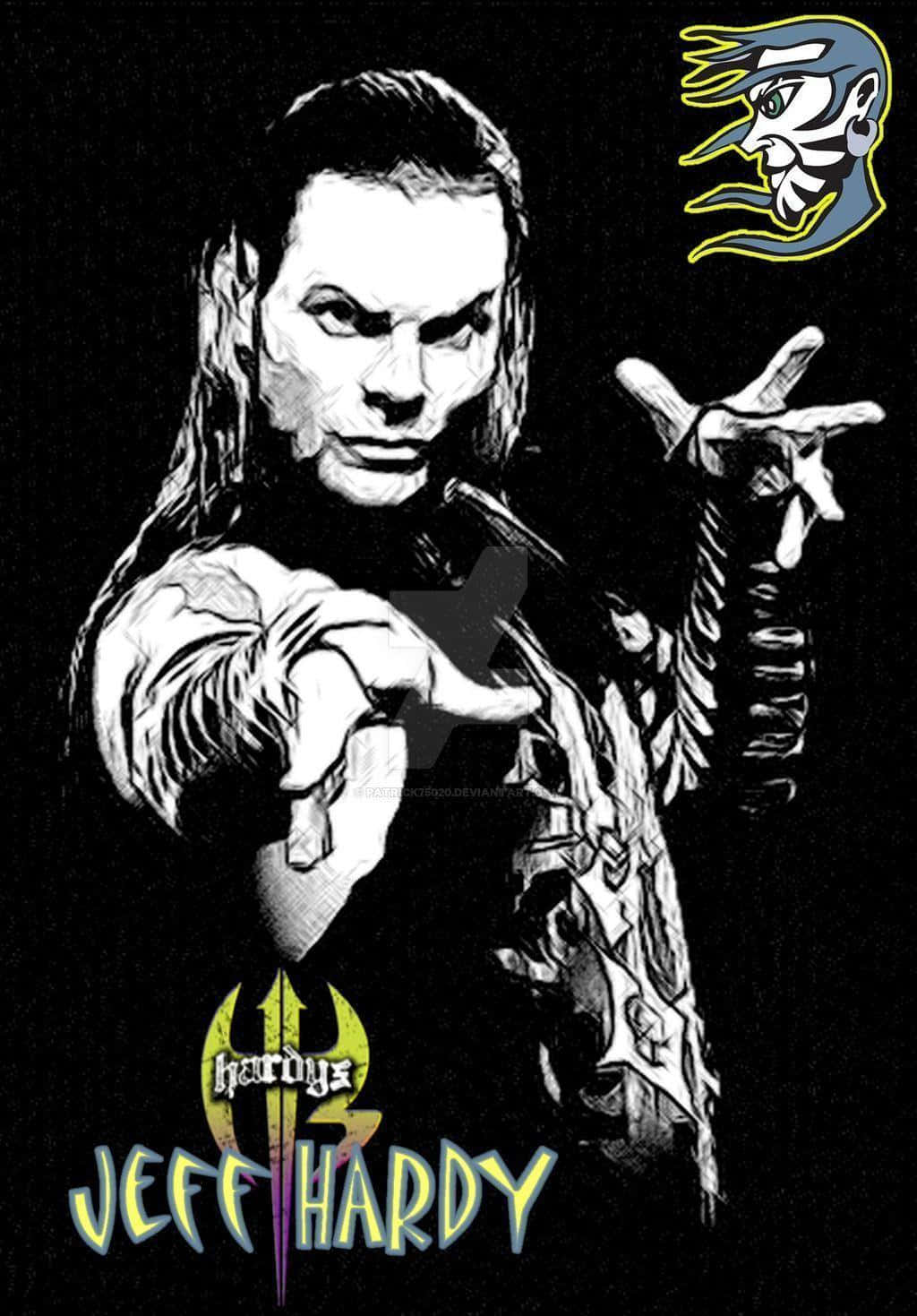Athletics 桌布 壁紙 — 一個風格化的黑白插圖，描繪摔角手 Jeff Hardy 在黑暗背景下以強烈表情向前指。