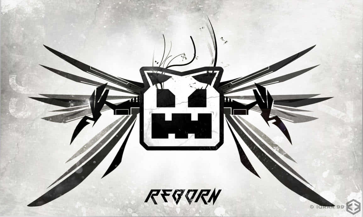 Geometry Dash 桌布 壁紙 — 一個風格化的黑白標誌，笑臉帶有翼狀刀片，在紋理灰色背景上向外輻射。
