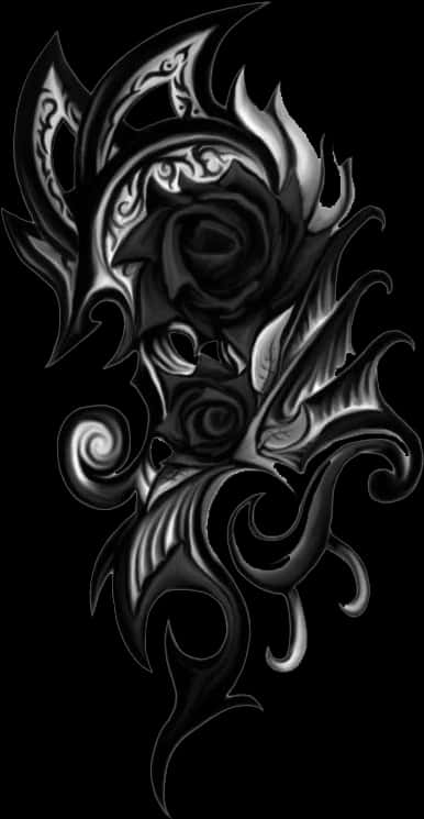 Tattoo For Picsart 桌布 壁紙 — 一個風格化的黑白紋身設計，以一朵帶有複雜部落漩渦和火焰狀花瓣的玫瑰為特色，背景為深色。