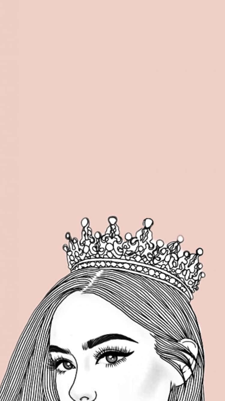 Princess Crown 桌布 壁紙 — 一個風格化的黑白線條畫，描繪一位戴著華麗王冠的女性，背景是柔和的粉紅色。