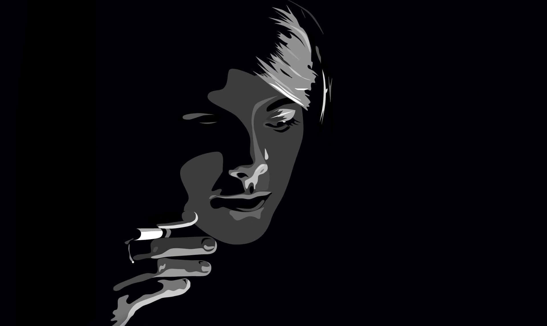 cigarettes 桌布 壁紙 — 一個風格化的黑白肖像，人物手持香菸，背景為黑色，帶有戲劇性的燈光效果。