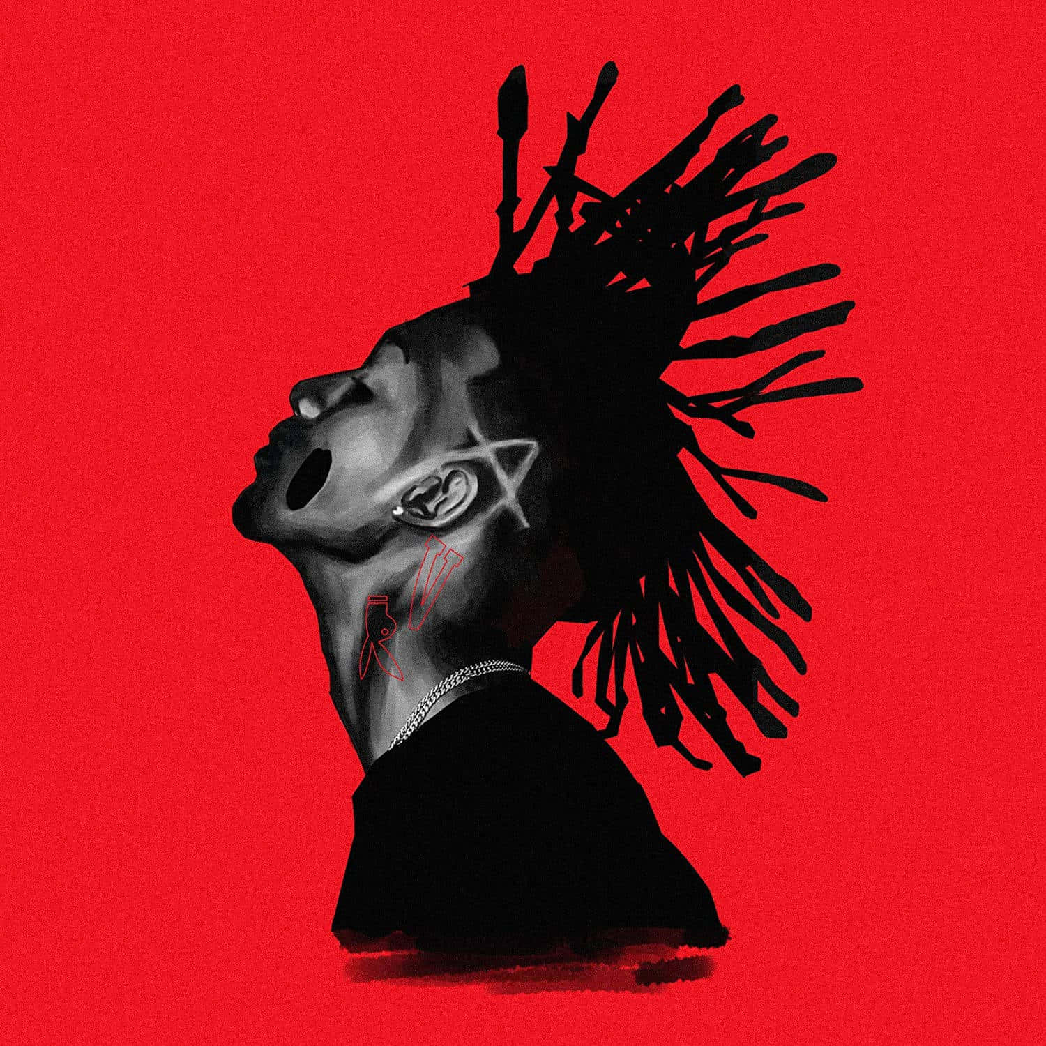 playboi carti pfp 桌布 壁紙 — 一個風格化的黑白肖像，人物有尖刺頭髮，背景為鮮紅色。