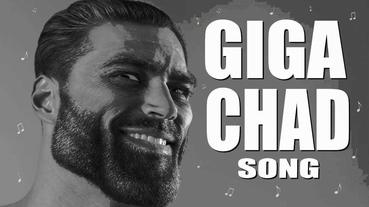 一位微笑的鬍鬚男，帶有粗體文字 GIGA CHAD SONG 和音樂符號。 — Giga Chad GIF 壁紙