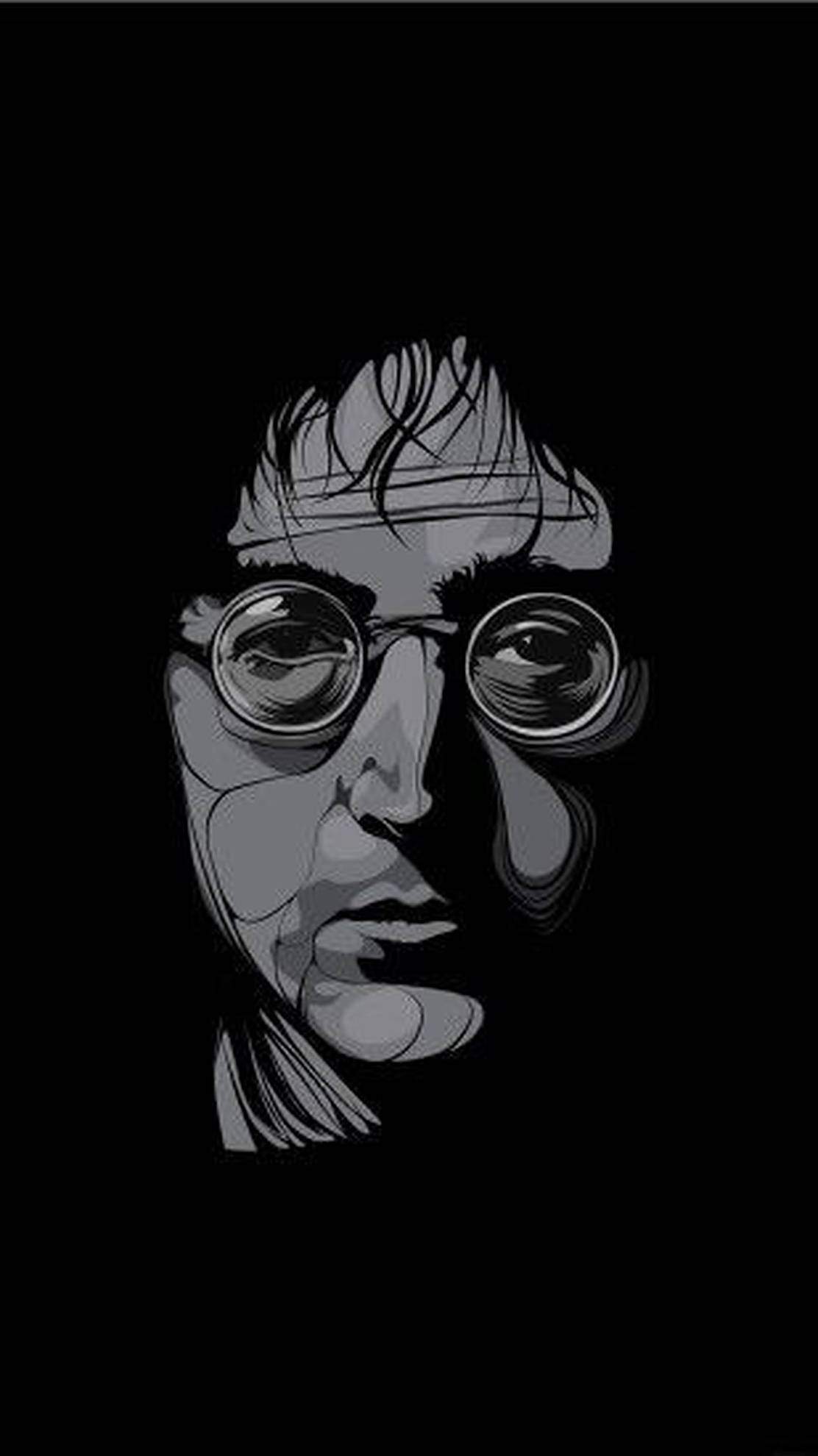 約翰·藍儂 桌布 壁紙 — 一個風格化的黑白肖像，描繪一位戴圓框眼鏡、頭髮凌亂的男子，背景為黑色。