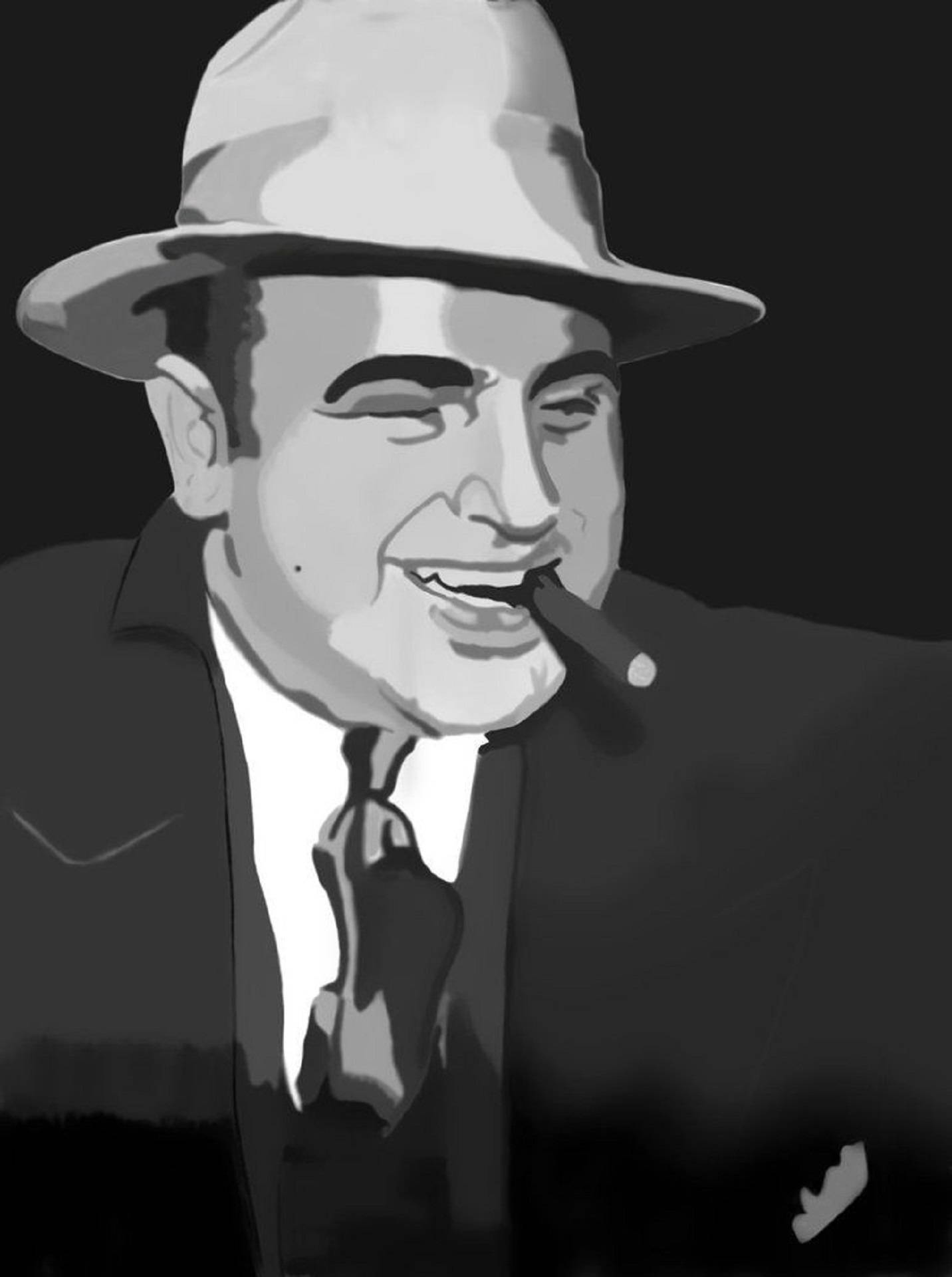 Capone 桌布 壁紙 — 一個風格化的黑白肖像，描繪一位戴著軟呢帽和西裝、微笑著手持雪茄的男子，背景為深色。