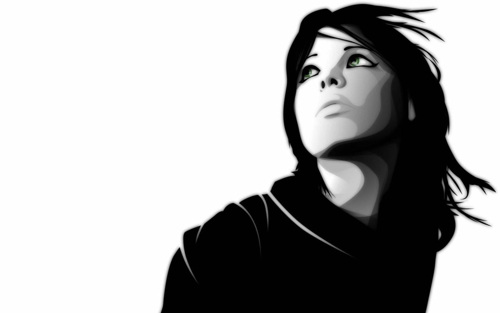 Black Girl 桌布 壁紙 — 一個風格化的黑白肖像，描繪一位擁有引人注目的綠色眼睛的女性，在純白背景上向上凝視。