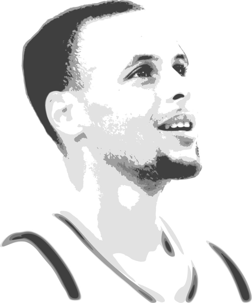 史蒂芬·柯瑞 桌布 壁紙 — 一個風格化的黑白肖像，描繪一個側面男人，眼睛富有表現力，嘴巴張開，背景深色。