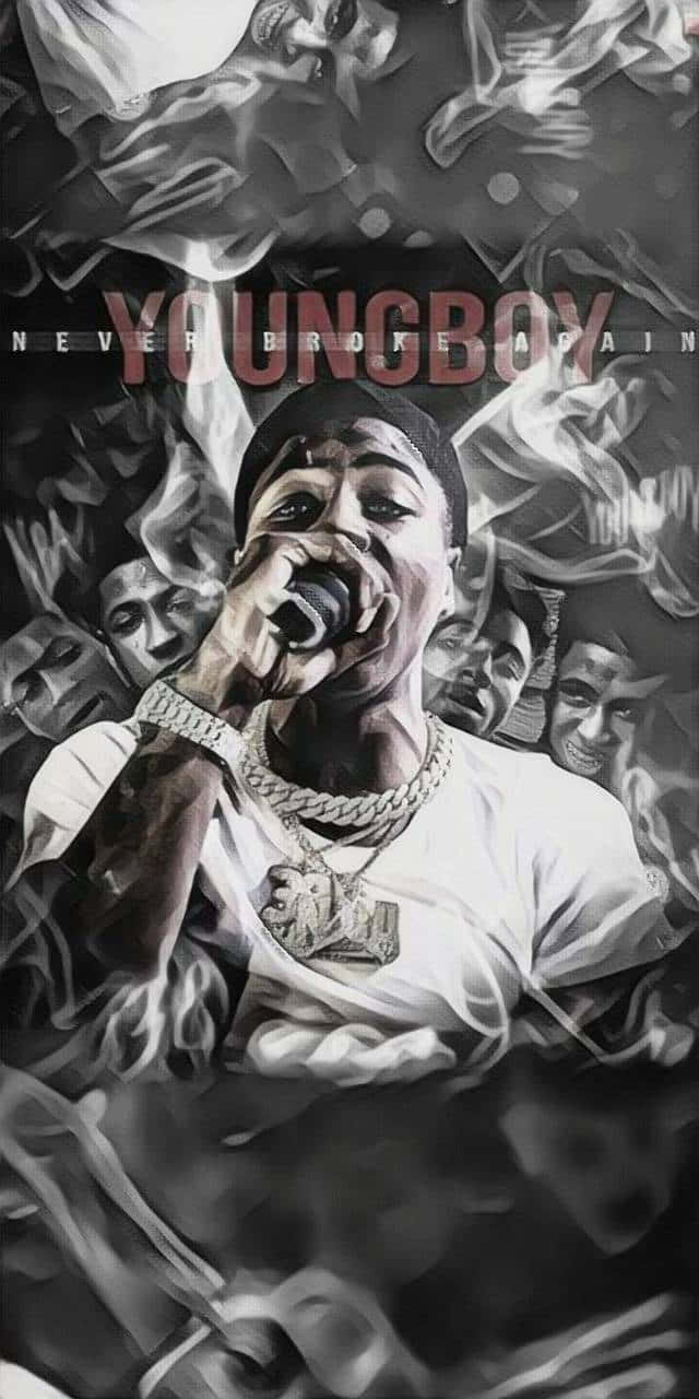 Entertainment 桌布 壁紙 — 一個風格化的黑白肖像，描繪說唱歌手 YoungBoy Never Broke Again 對著麥克風說唱，周圍環繞著幽靈般的面孔。