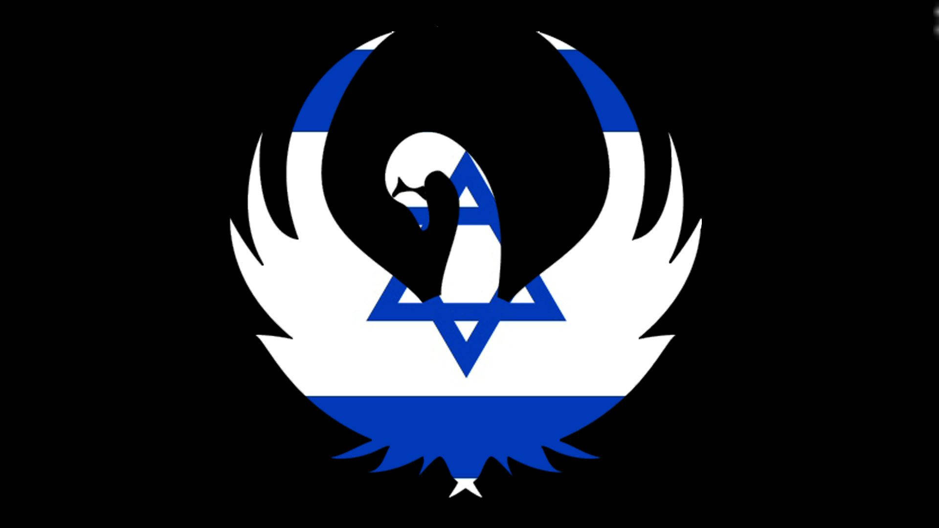 Israel Flag 桌布 壁紙 — 一個風格化的黑白藍色徽章，在黑色背景上有一個鳥形剪影在大衛之星上方。