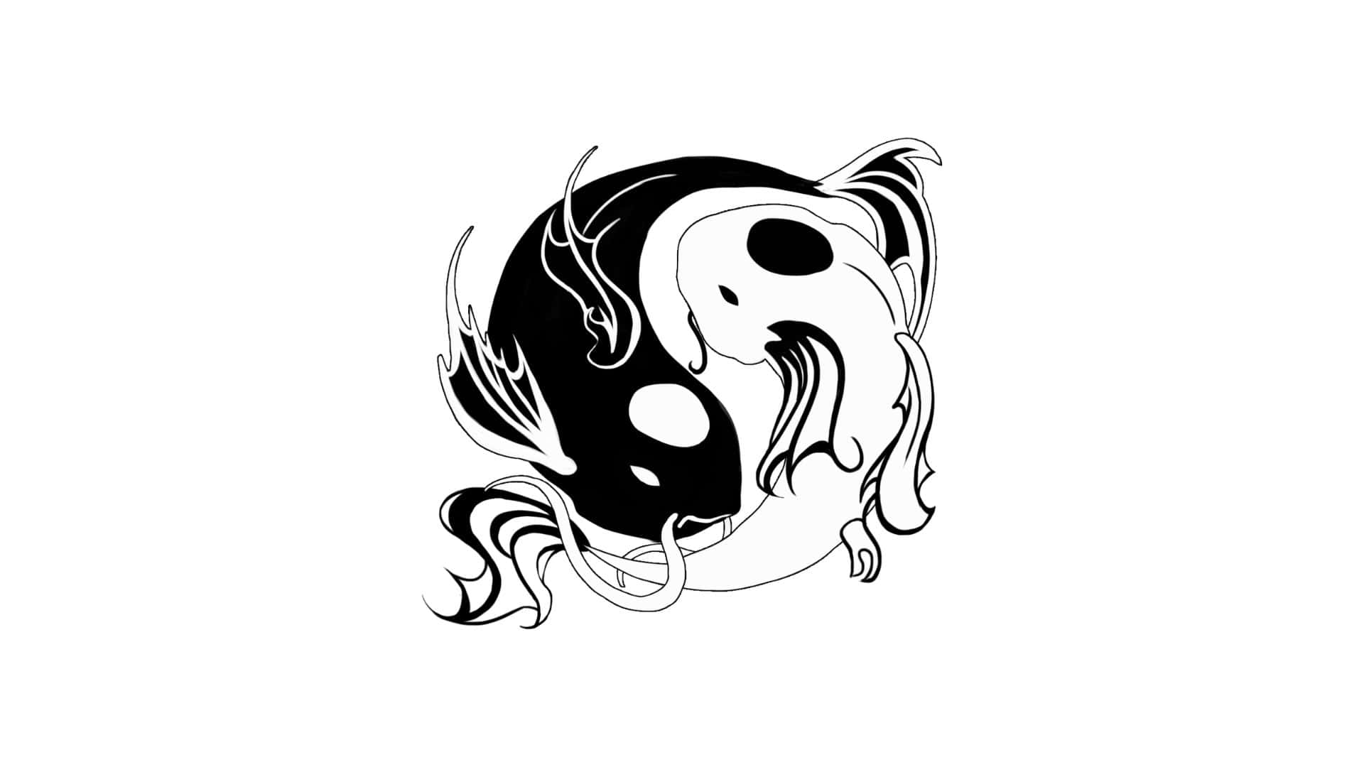 Yin Yang Fish 桌布 壁紙 — 一個風格化的黑白陰陽符號，龍與鳳凰圖案和諧地旋轉交織。