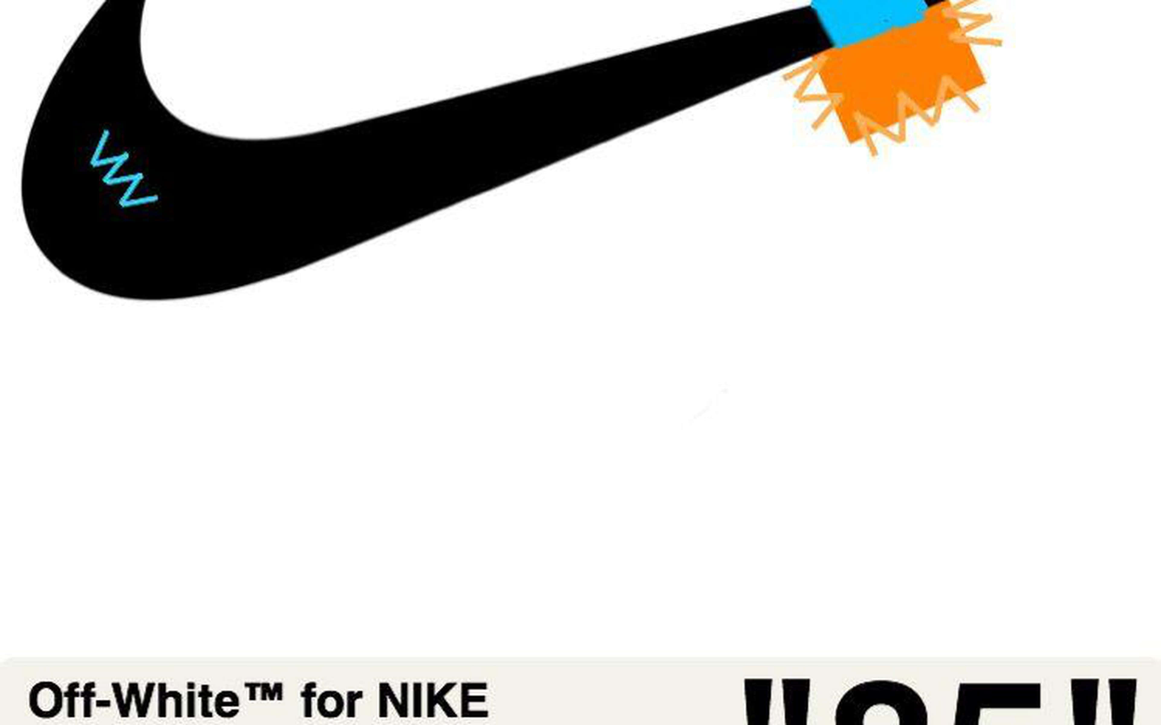 Off White Desktop 桌布 壁紙 — 一個風格化的黑色Nike勾號，帶有藍色鋸齒紋和橙色紋理末端，背景為白色。
